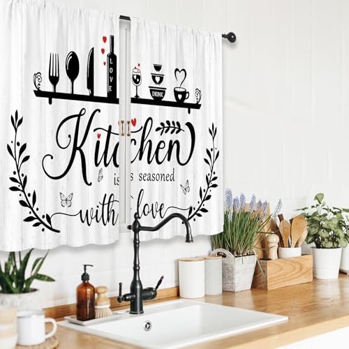 Black White Rustic Kitchen Curtains Short Small Fork Spoon 27.5Wx39H A-white
