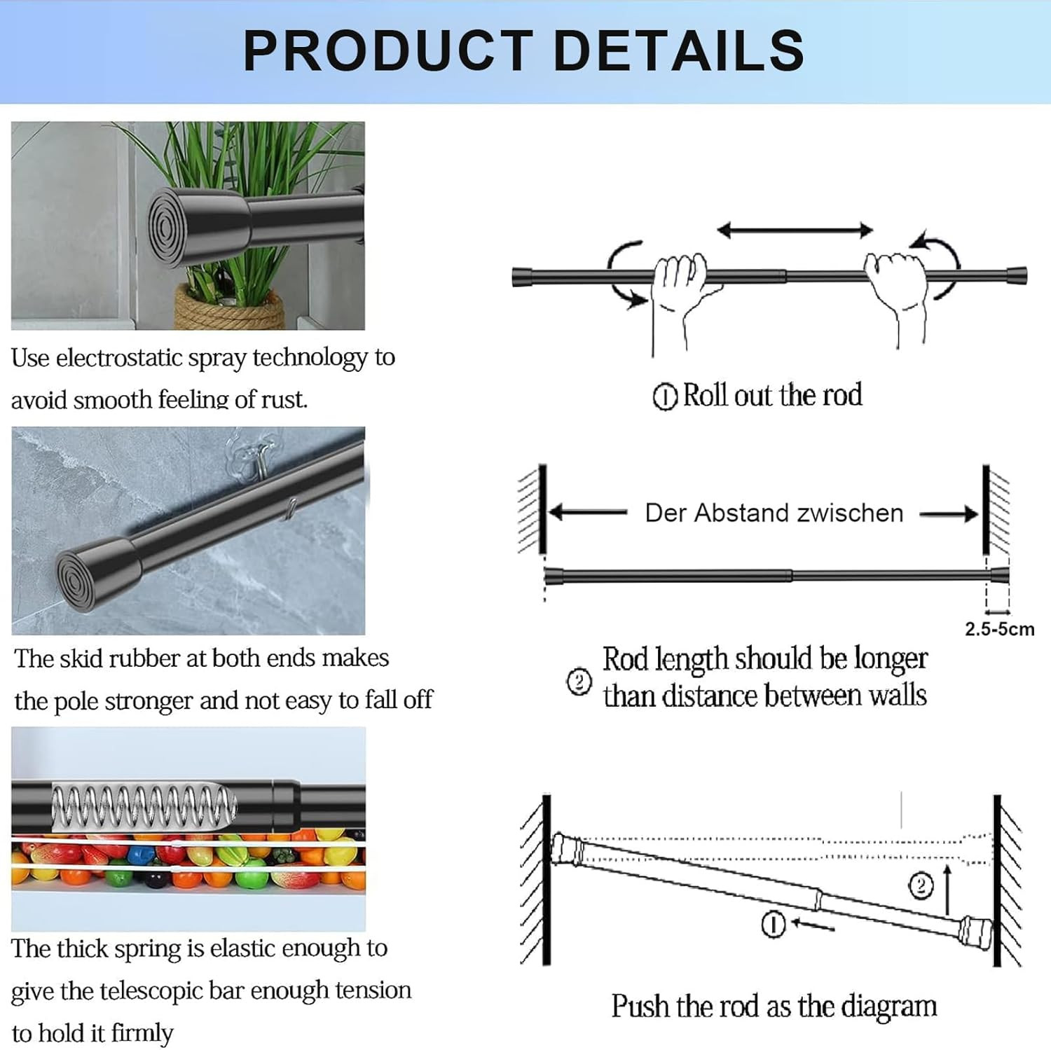 2 Pack Tension Rods Spring Tension Curtain Rod, 26 to 39 Inch Adjustable Black T