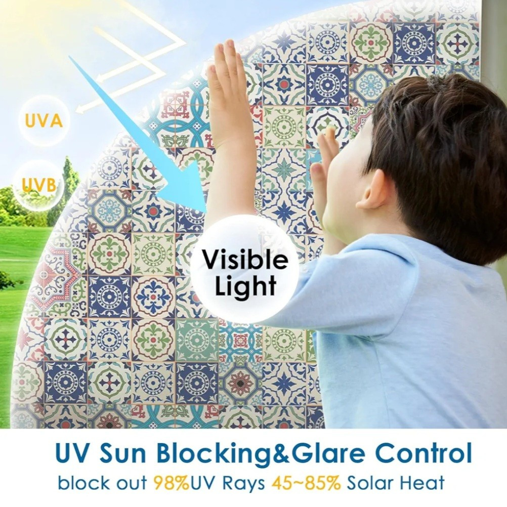 Window Film Talavera Style Stained Glass Static Cling, With Tools, 17.7″ x 78.7″