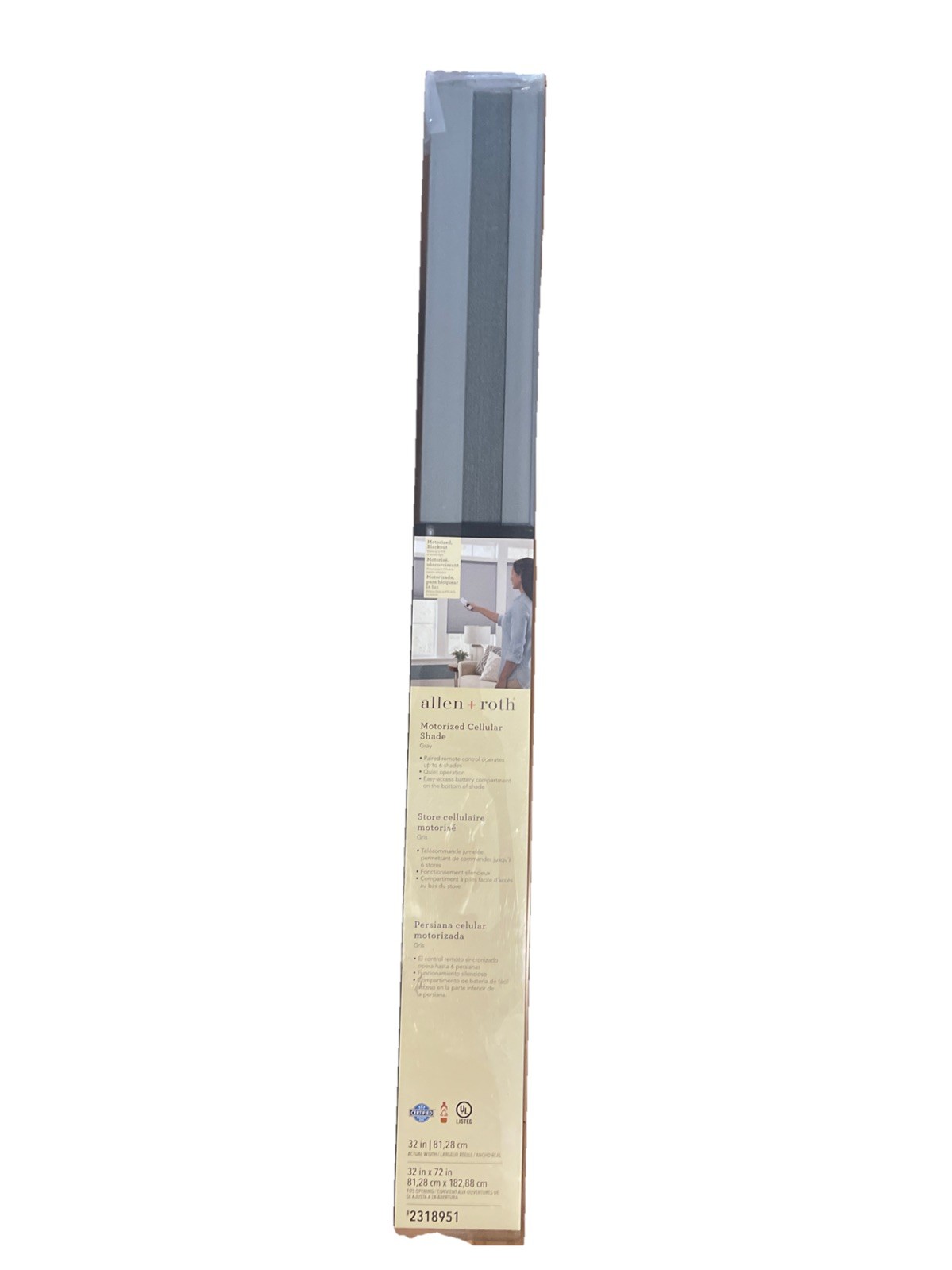 Allen + Roth Motorized Cellular GRAY Shade 32″x72″ Blackout w/Remote (#2318951)