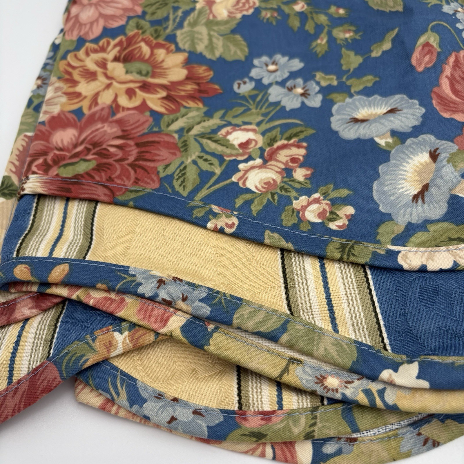 WAVERLY VILLA CARLOTTA Blue Floral Window Valance 2-Tier Stripes 76×15″ Set Of 2