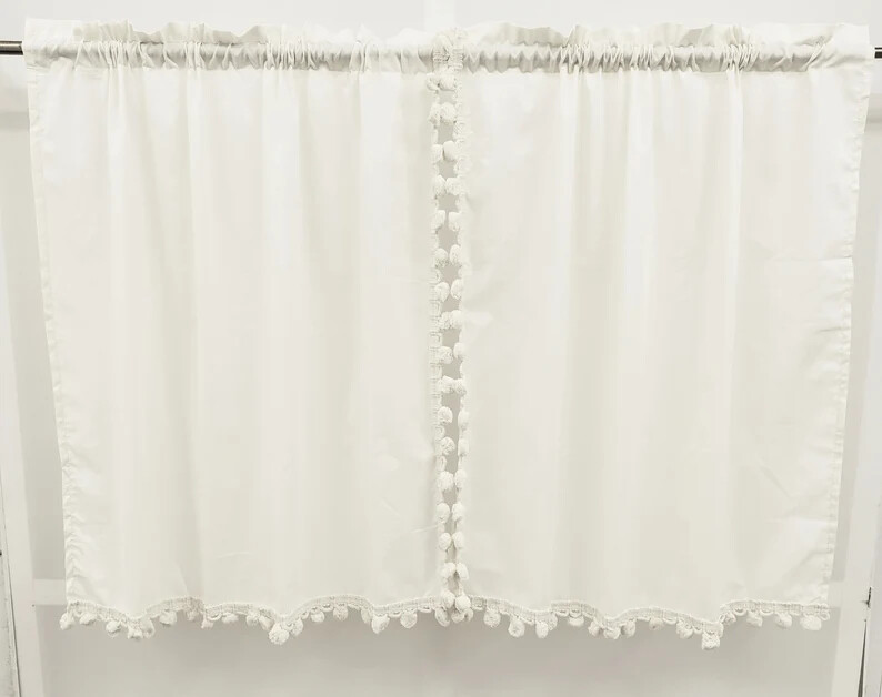 Vintage Classic Ball Fringe Panel Pairs, Tier Pairs, Valances and Tiebacks WHITE