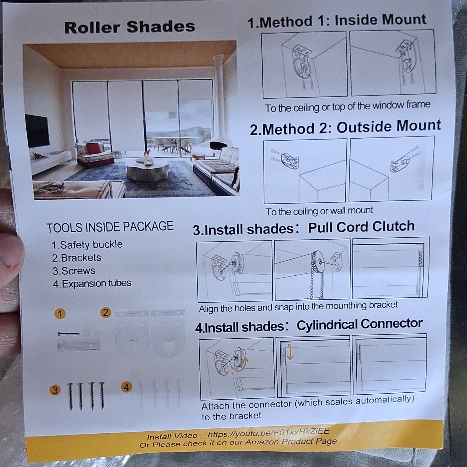 Roller Shades White Pull Cord Clutch Cylindrical Connector Inside Outside Mount