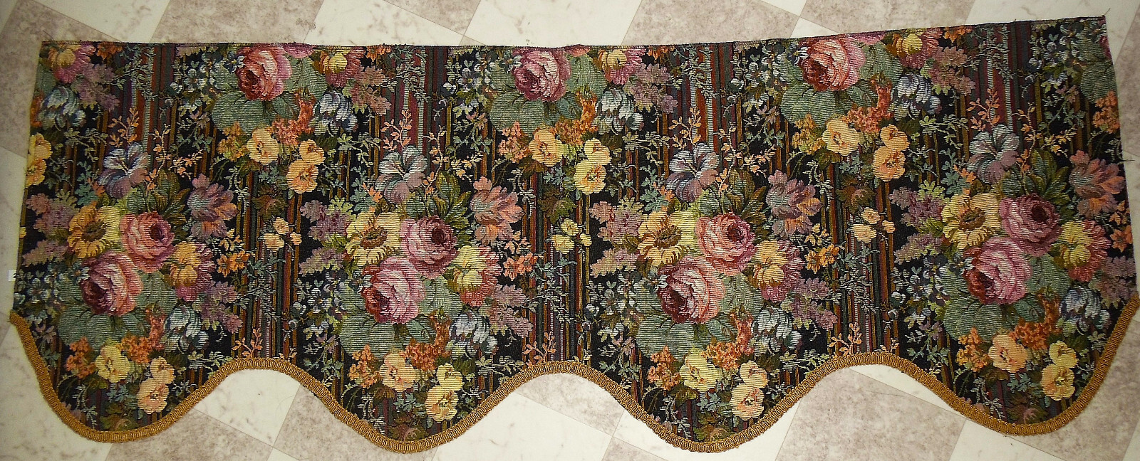 Tapestry fabric scalloped valances cabbage roses, lilies, floral and stripes