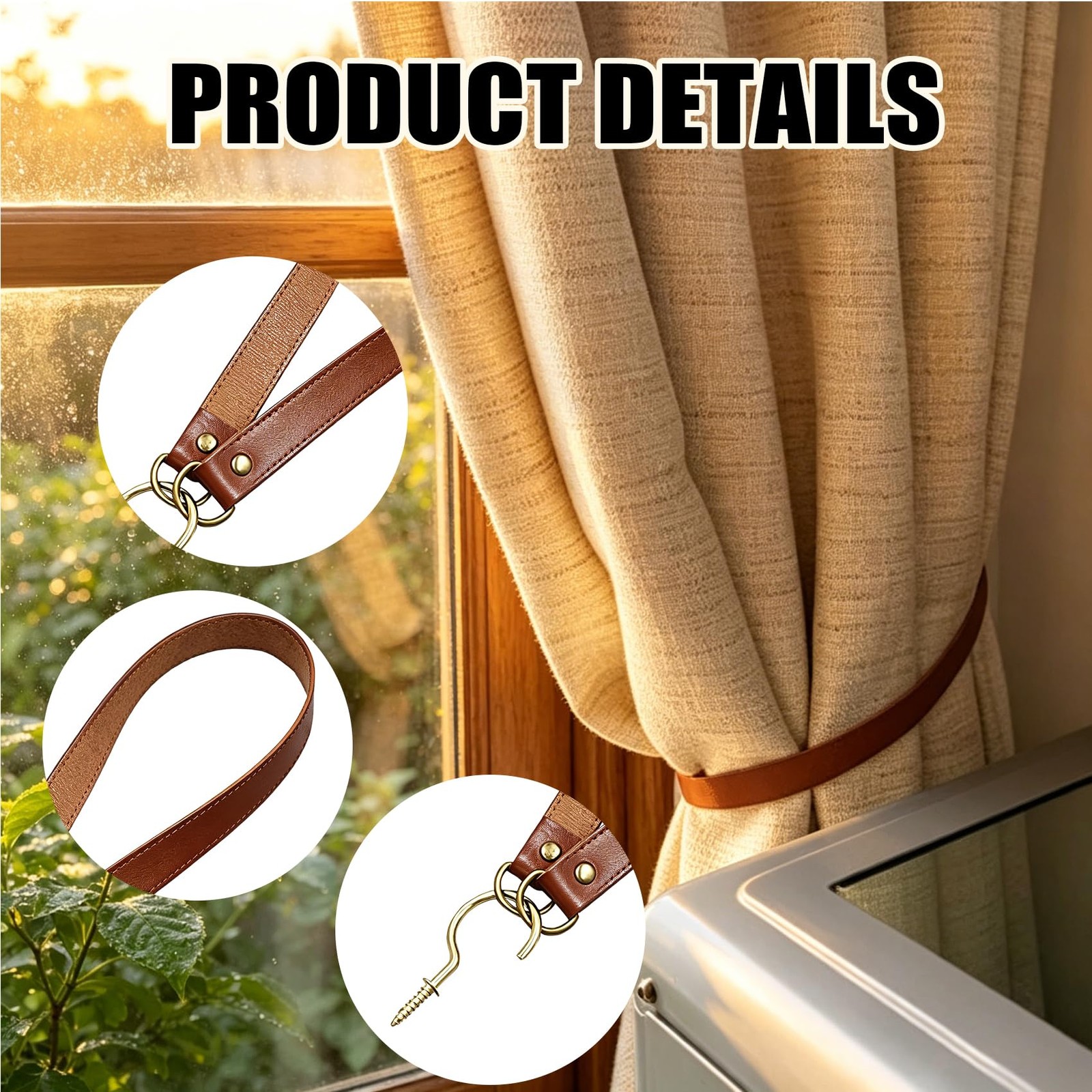 Leather Curtain Tie Backs – 2 Pcs Wall Mounted Curtain Holdbacks with Metal H…