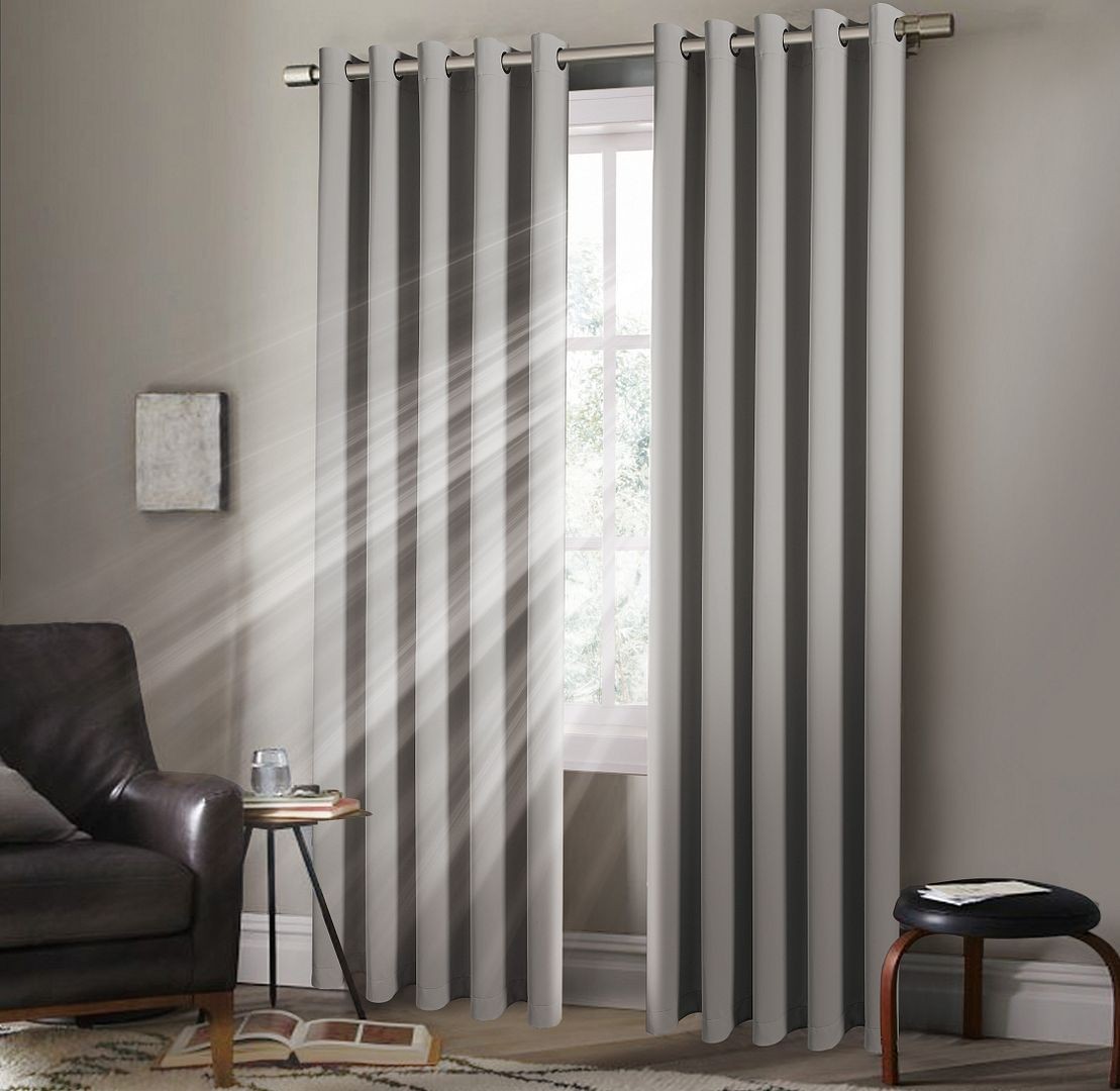 Plain Thermal BLACKOUT LINED EYELET Ring Top Curtains with Tie Backs