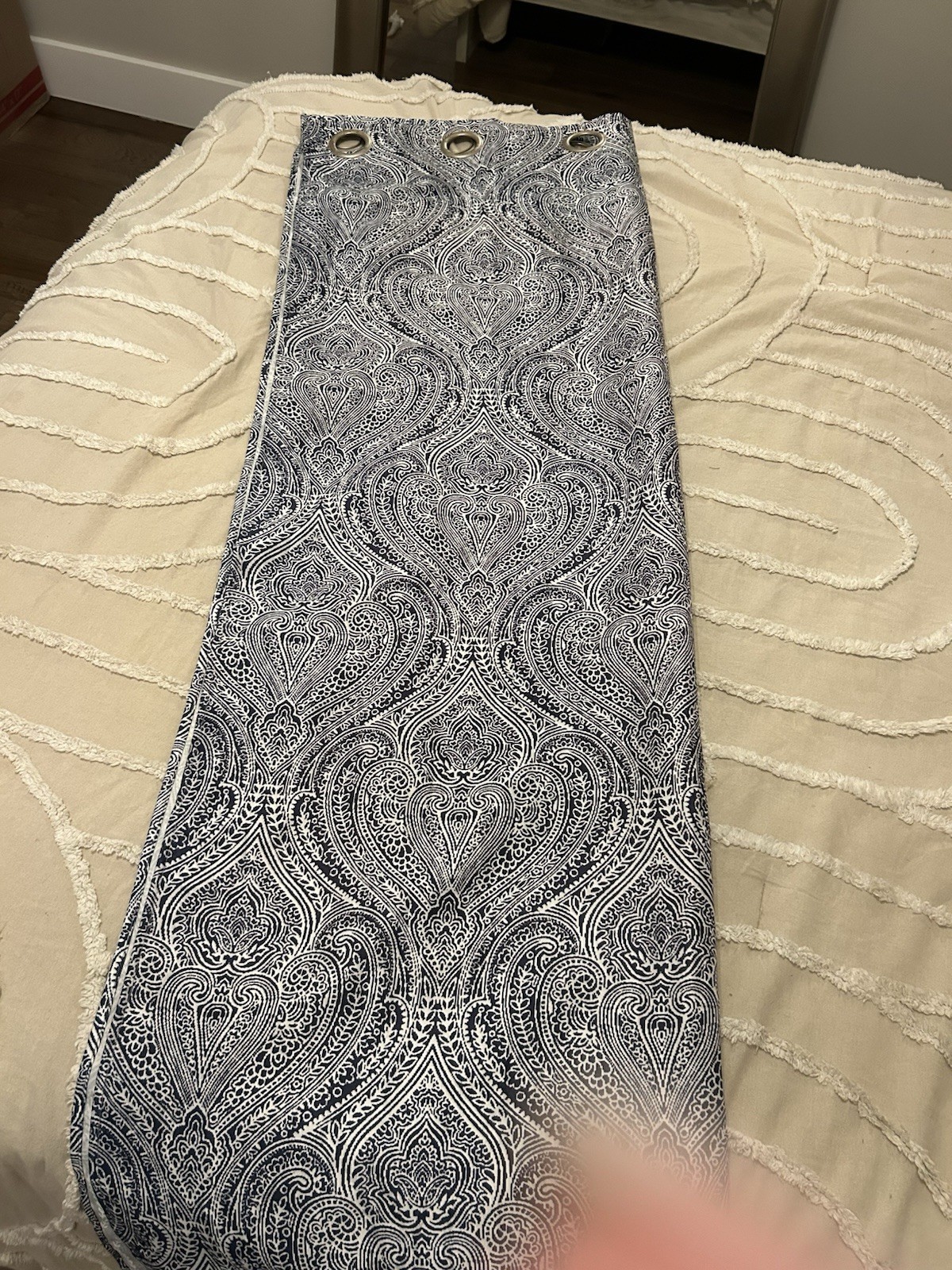 Blue White Paisley Fabric Grommet Curtain Panels Modern Opaque 36×84