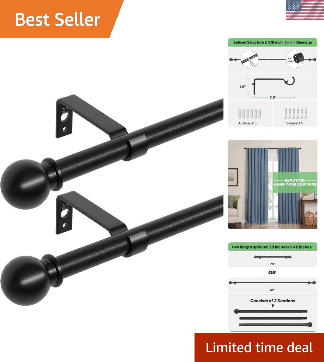Complete Installation 2 Pack Black Wall Mounted Curtain Rods 28-48