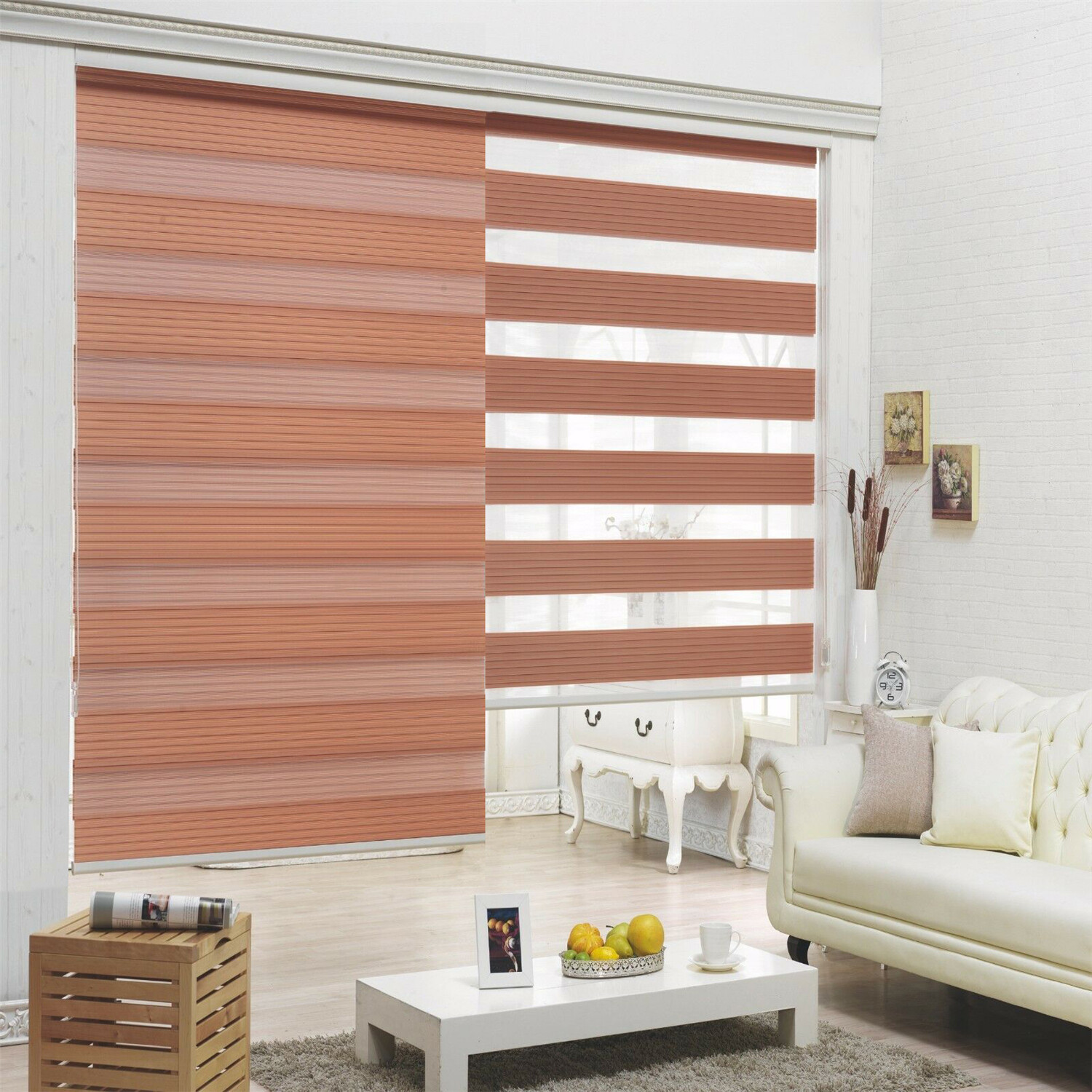 HTTMT- Zebra Roller Blinds [(W)32“ x (H)72”] Brown, Cordless, Dual Layer Shades,