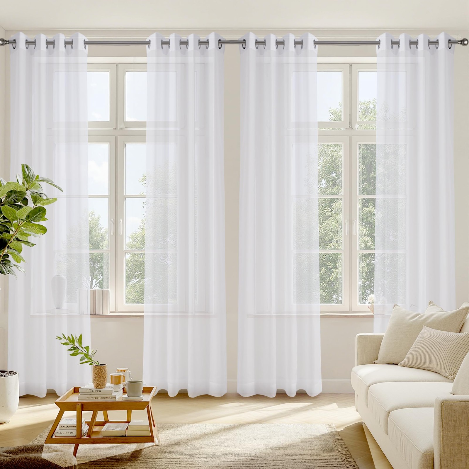 RYB HOME White Sheer Curtains 96 inches 54″W x 96″L (Pack of 4), Voile