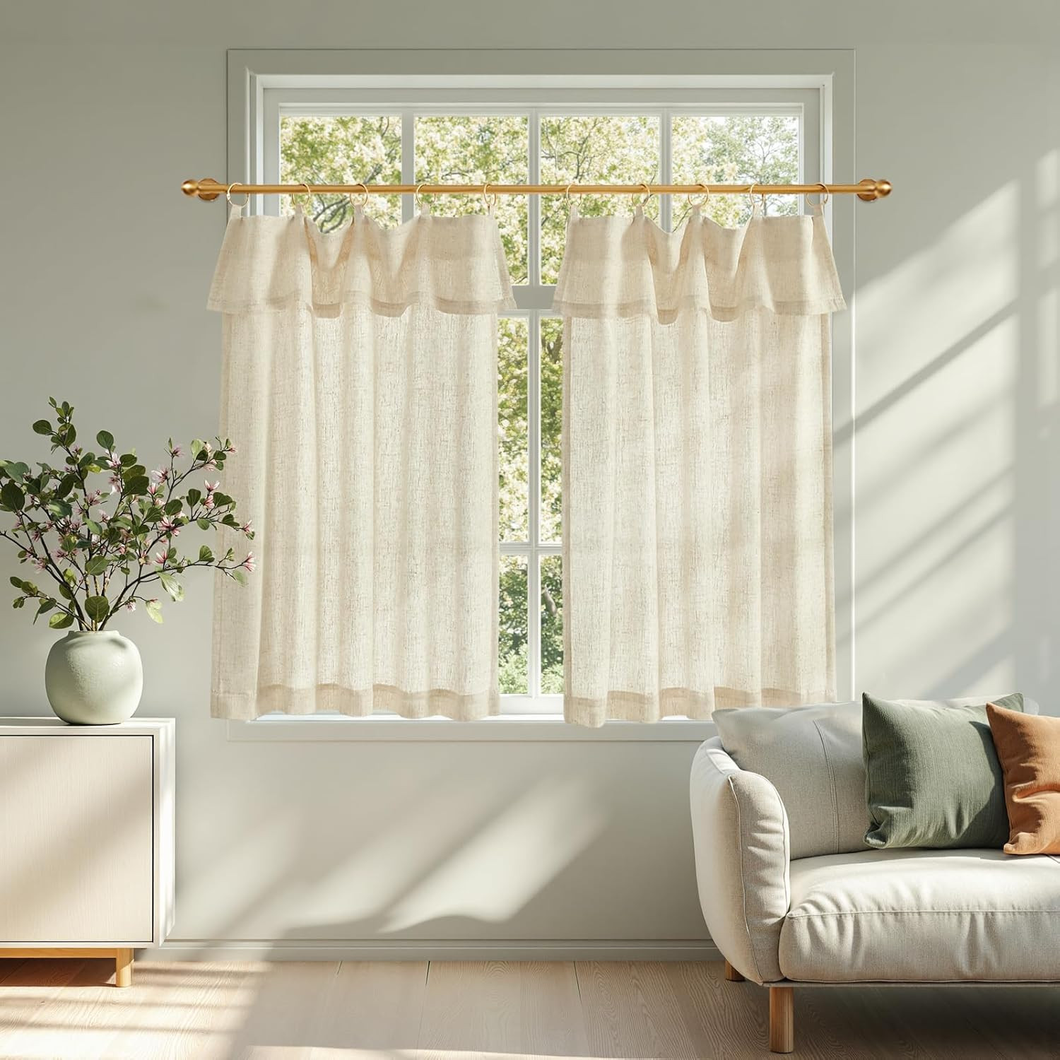 Jinchan Linen Tier Kitchen Curtains, 30X36, 2 Panels, Natural | Light Filtering,