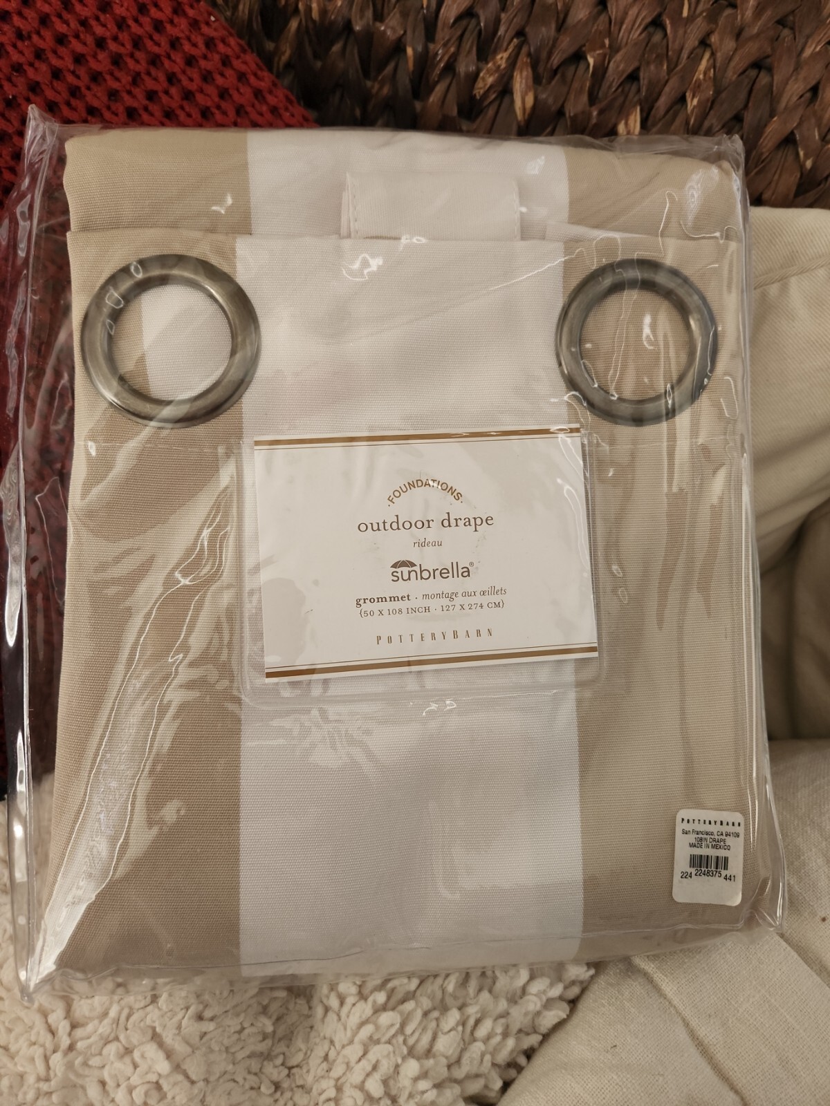 NEW Pottery Barn Outdoor Indoor Sunbrella Striped Grommet 108″ Linen Sand white