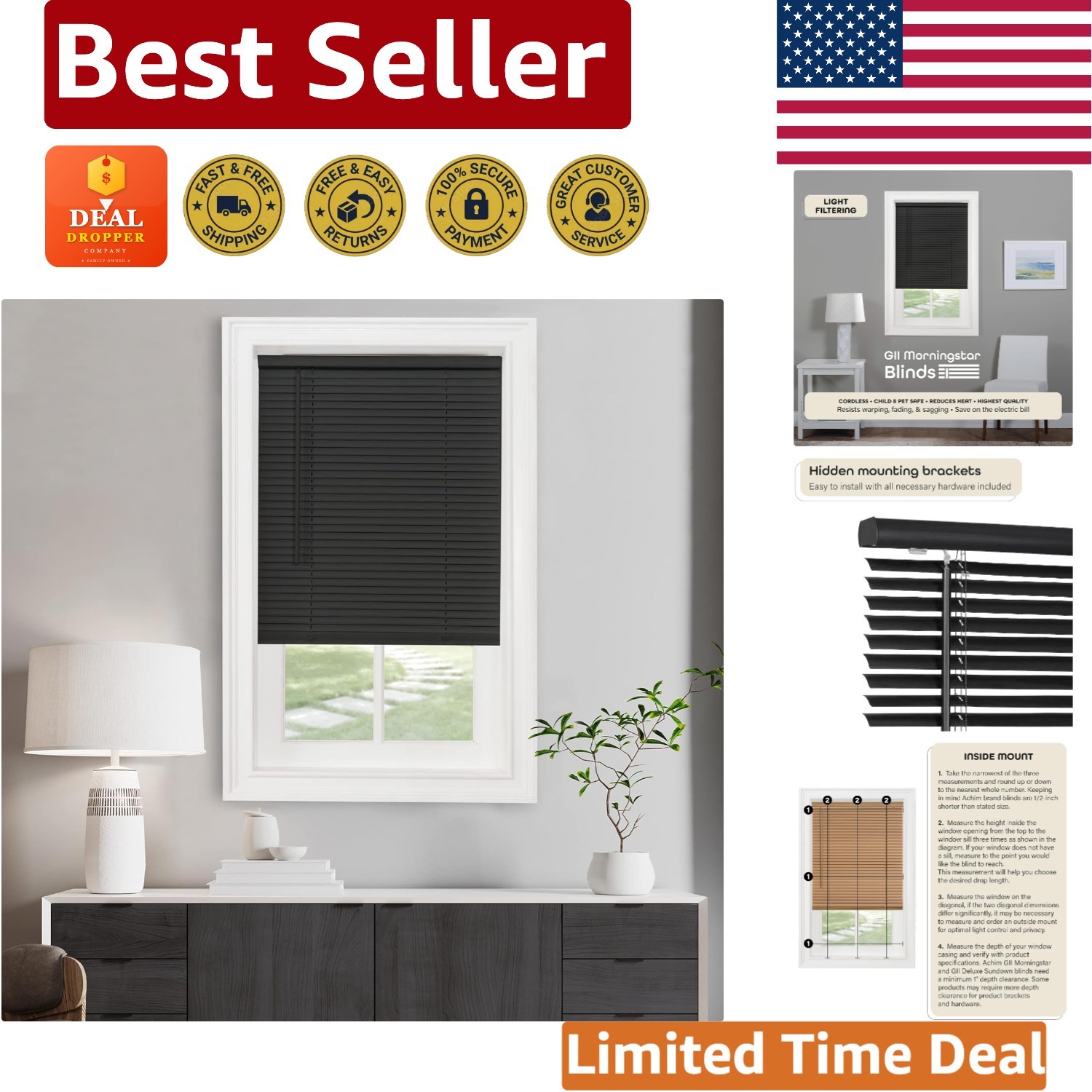 Versatile Black Cordless Light Filtering Mini Blinds – 29″ x 48″, Perfect Fit