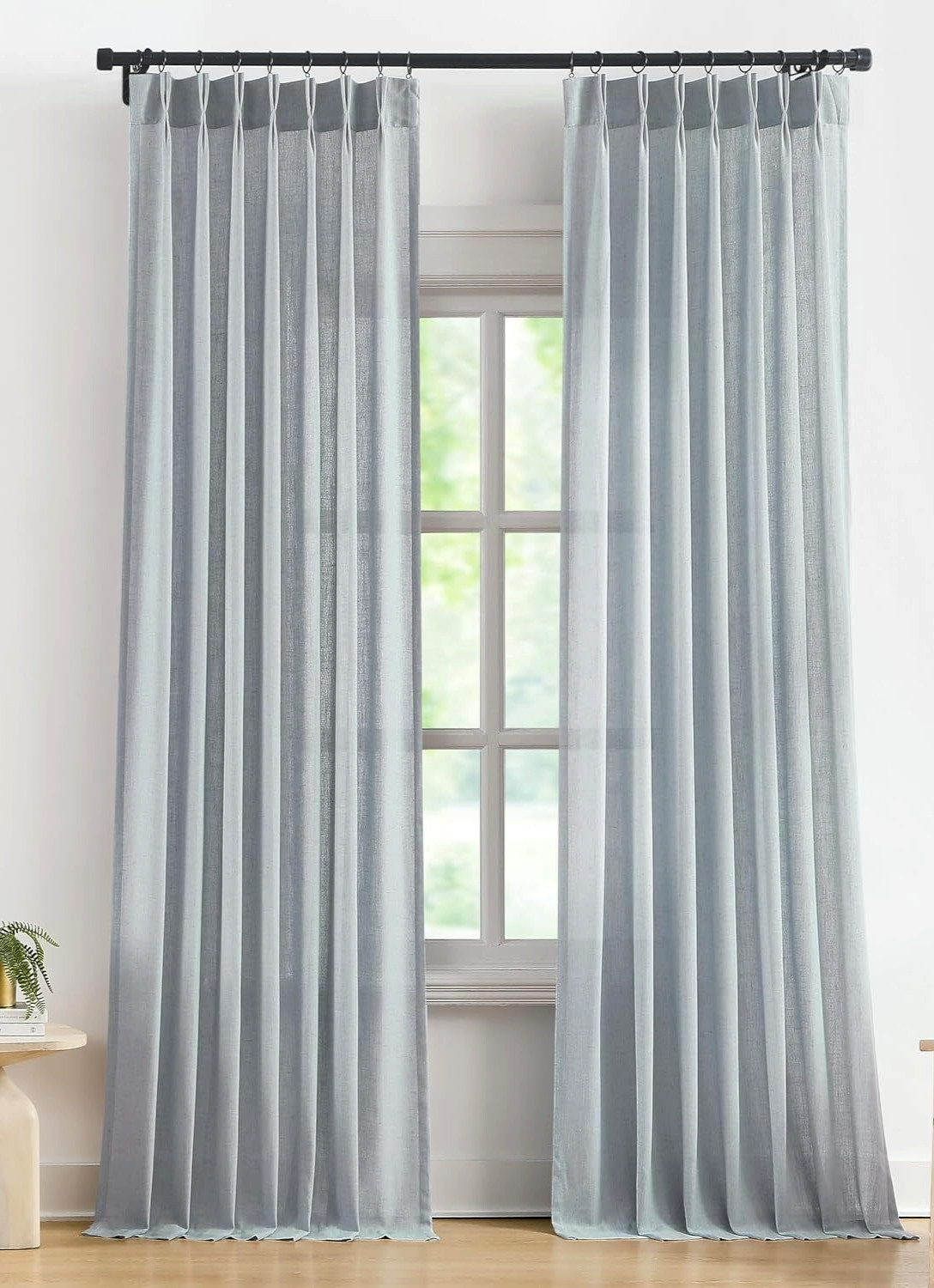 Pair Pinch Pleat Semi Sheer Curtains Textured Linen Blend Back Tab 108″ Blue Fog