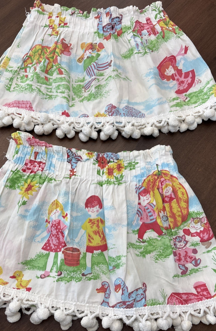Vtg Kids Novelty Storybook Valance Lot 2 Handmade Rod Pocket Pom Pom Trim Retro