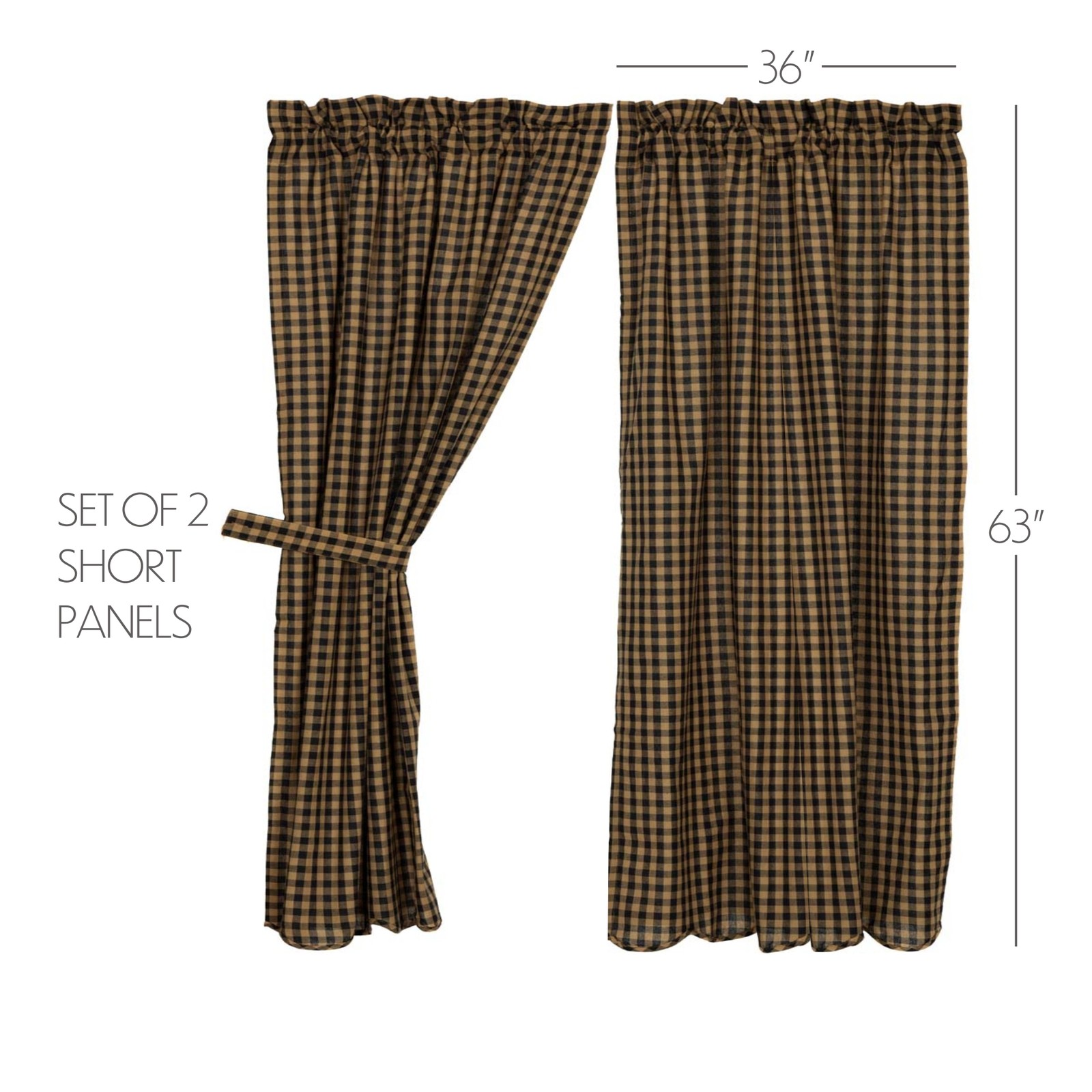 Primitive 63″x36″ Panel Pair Black Rod Pocket Check Window Curtains VHC Brands