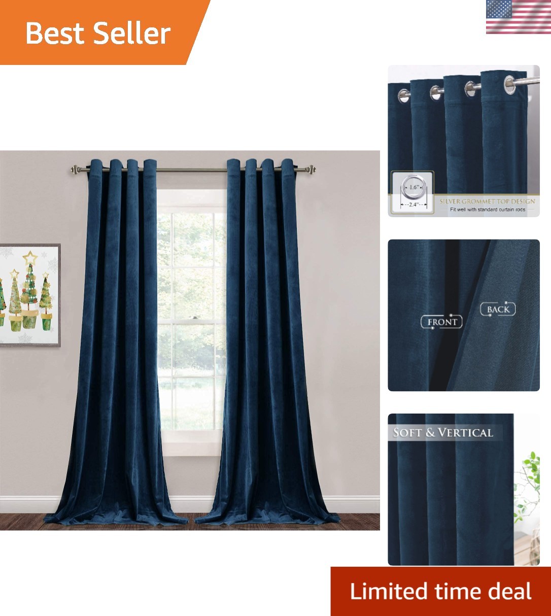 Blackout Curtains in Navy Velvet – Elegant 52″x96″ Drapes for Home Decor