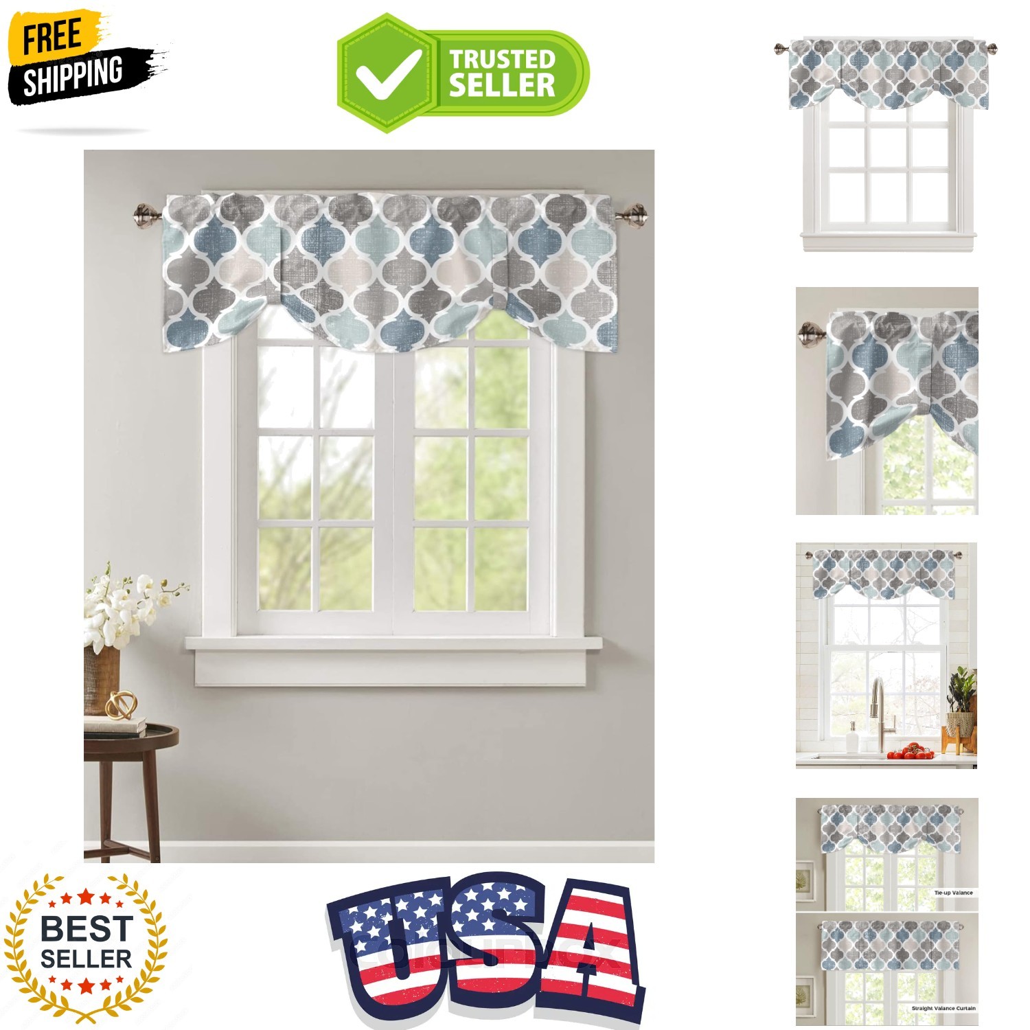 Valances Curtains for Living Room Retro Blue Moroccan Geometric Pattern Semi …