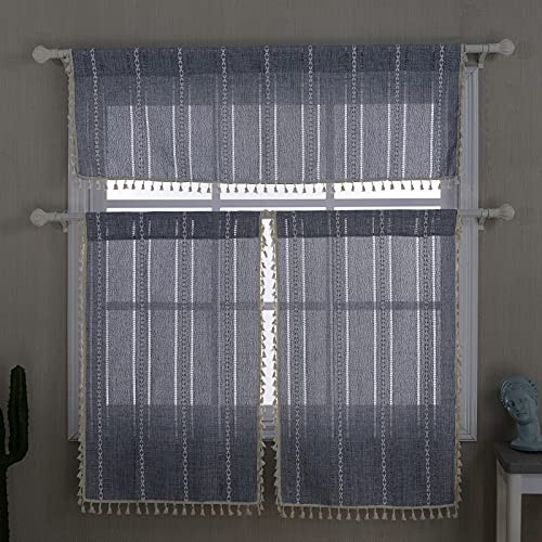 Boho Kitchen Curtains 36 Inch Length French 24″W x 36″L (Pack of 2) Blue