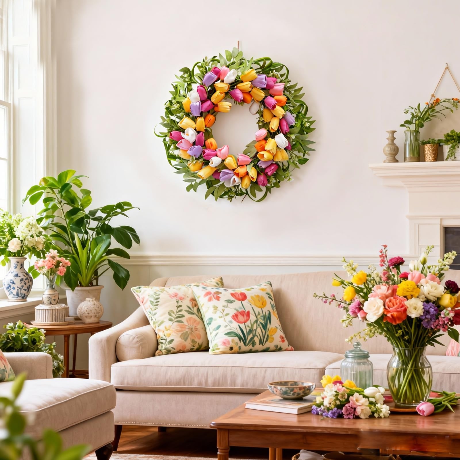 20 Inch Spring Tulip Wreath Artificial Colorful Flower Leaves Front Door