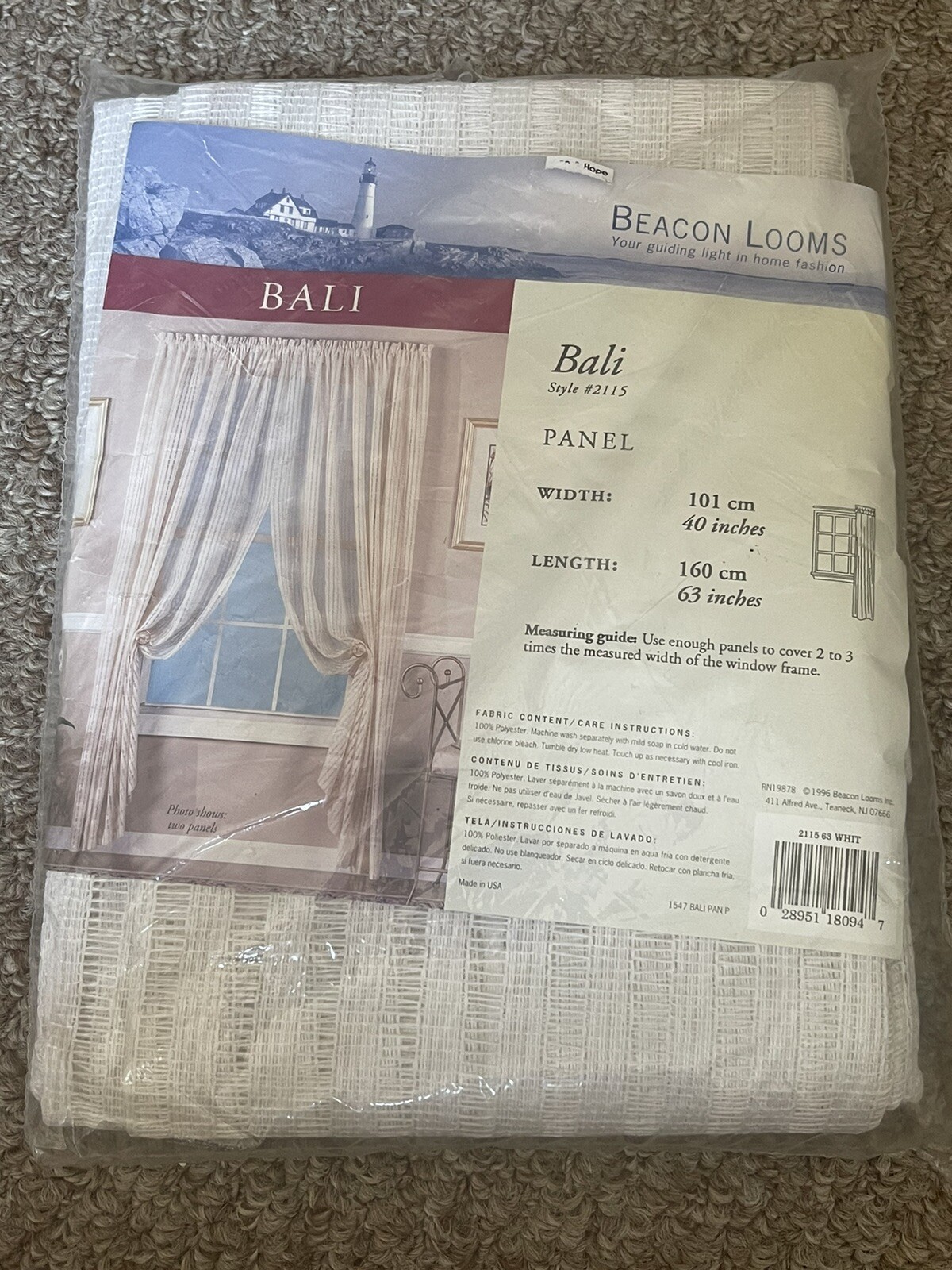 NEW VTG Beacon Looms Bali 40”x63” Panel White Curtain USA Style 2115