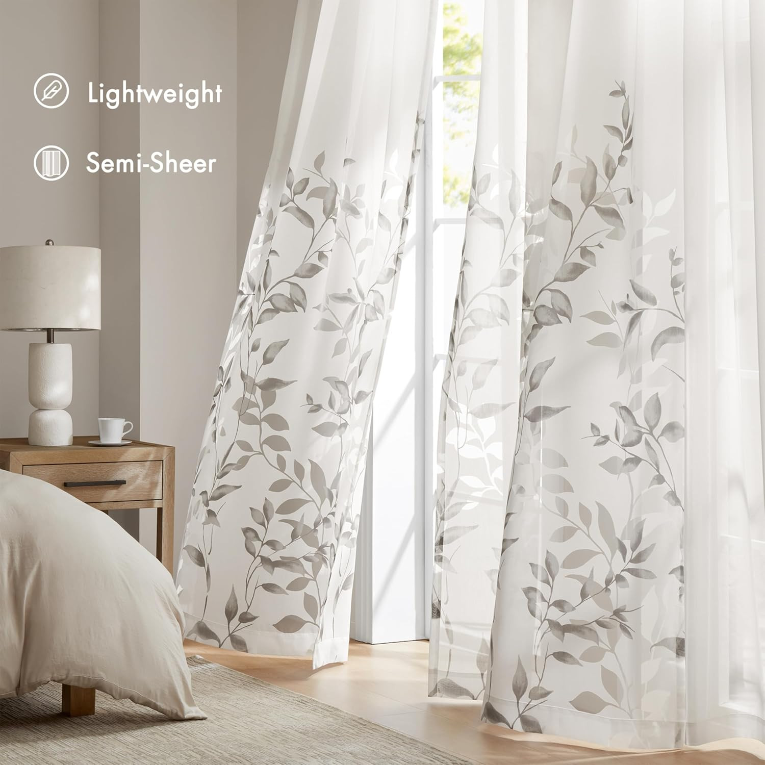 Cecily Semi Sheer SINGLE Panel Window Curtain Burnout Botanical Print, Easy To H