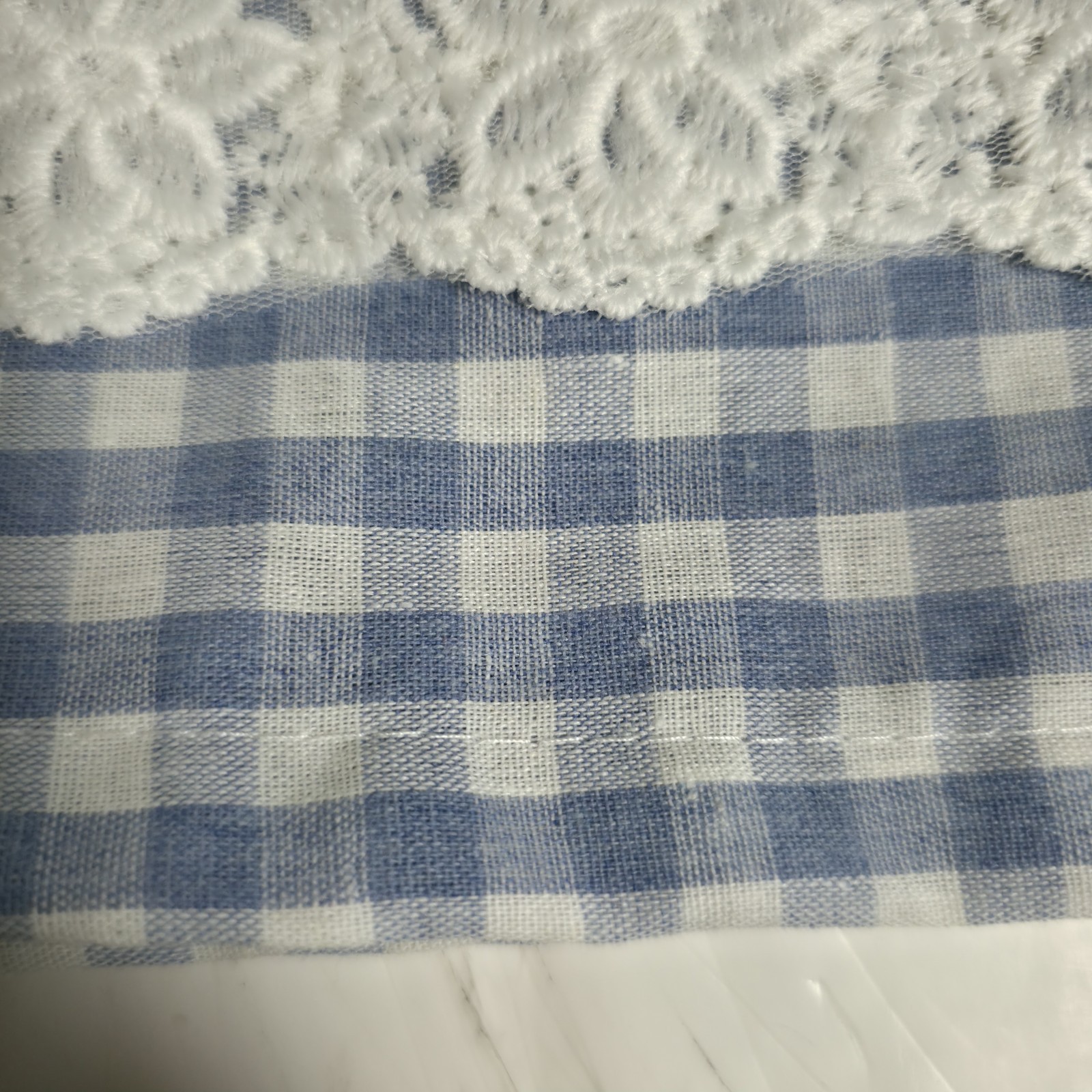 Blue White Gingham Check Cafe Curtain Floral Lace Farmhouse Kitchen Tier 42 X 17
