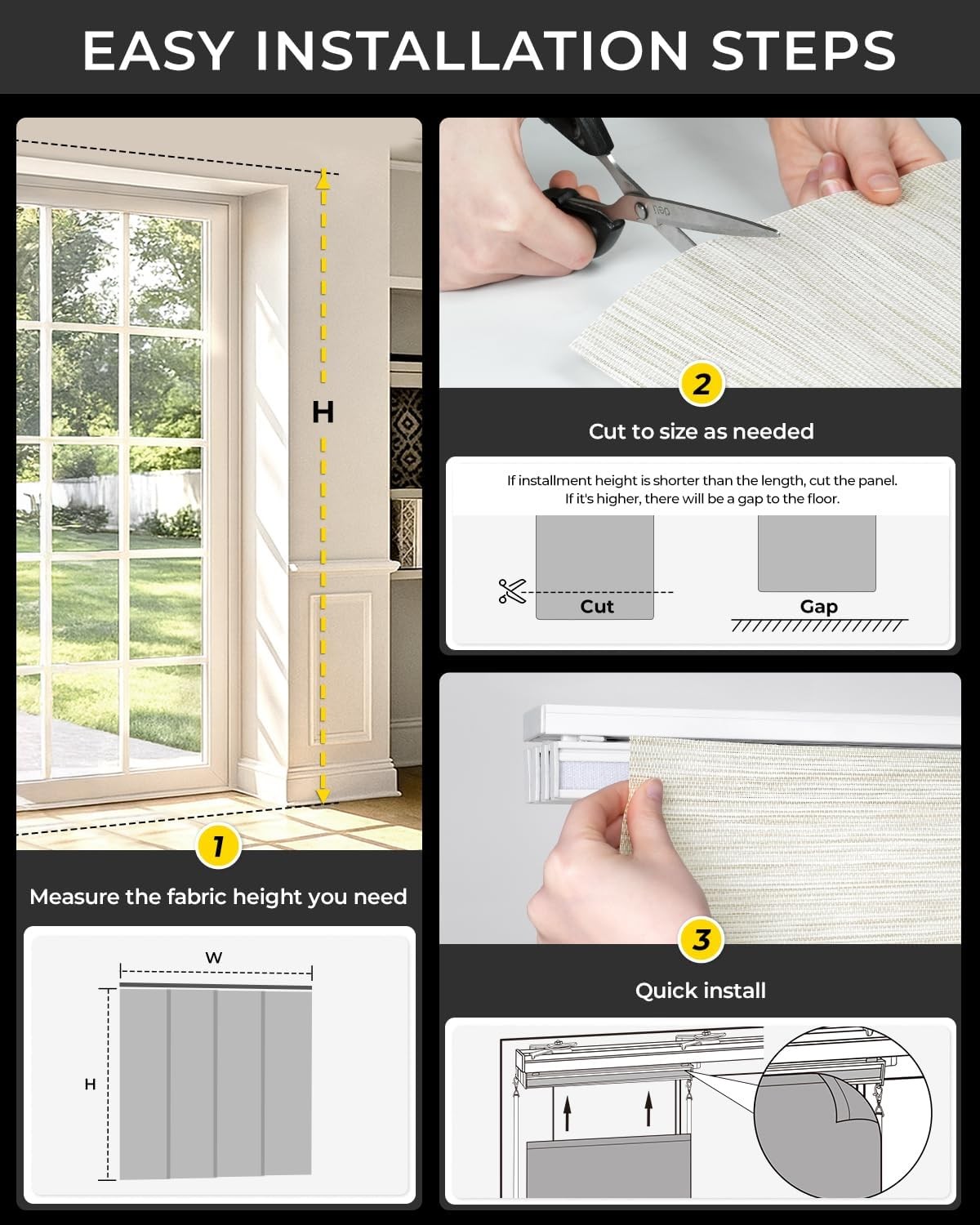 Panel Track Blinds Replacement Panels 23×96 in Charcoal Blackout Fabric 4 Pack