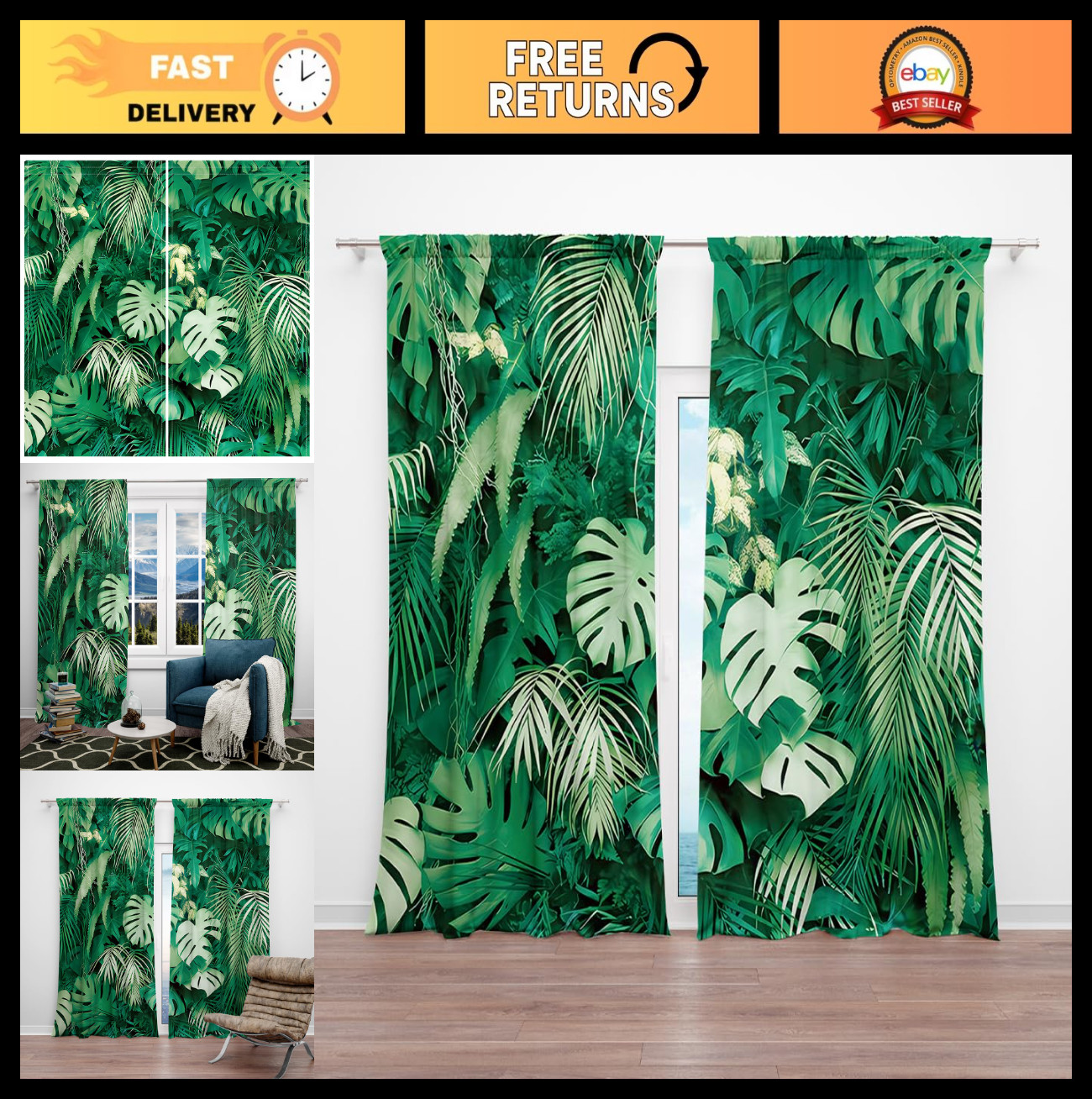 Tropical Palm Leaves Window Curtains 82×84″ Eco-Friendly Jungle Decor 2 Panels