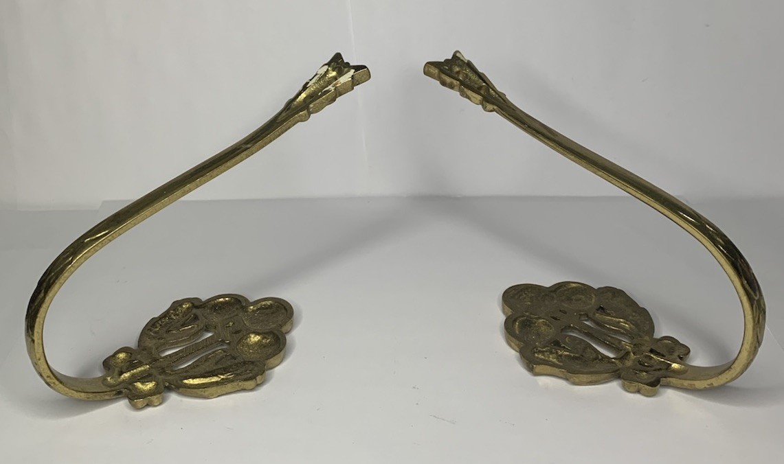 2 VTG Germany Cast Brass Floral Curtain Drapery Tiebacks Pole Holders Wall Hooks