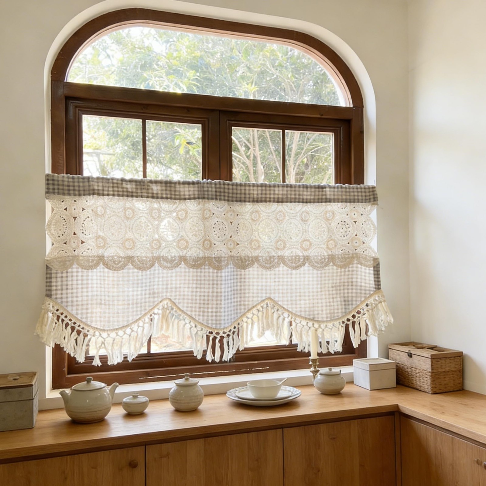 Boho Macrame Linen Knitted Lace Curtain Valance for Window Kitchen