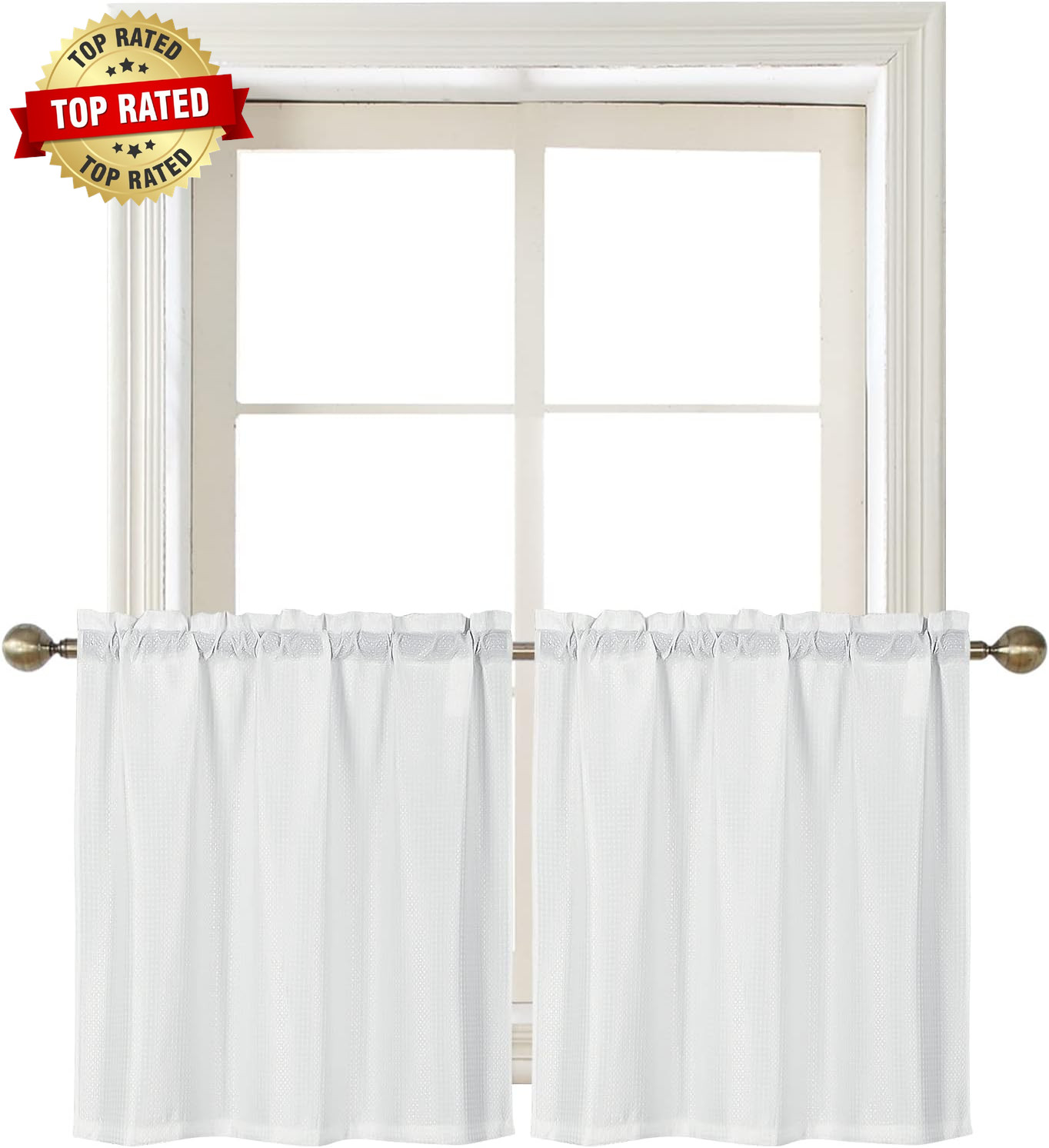 White Waffle Bathroom Window Curtains, 24 W X 36 L Inch Each | Water Repellent,