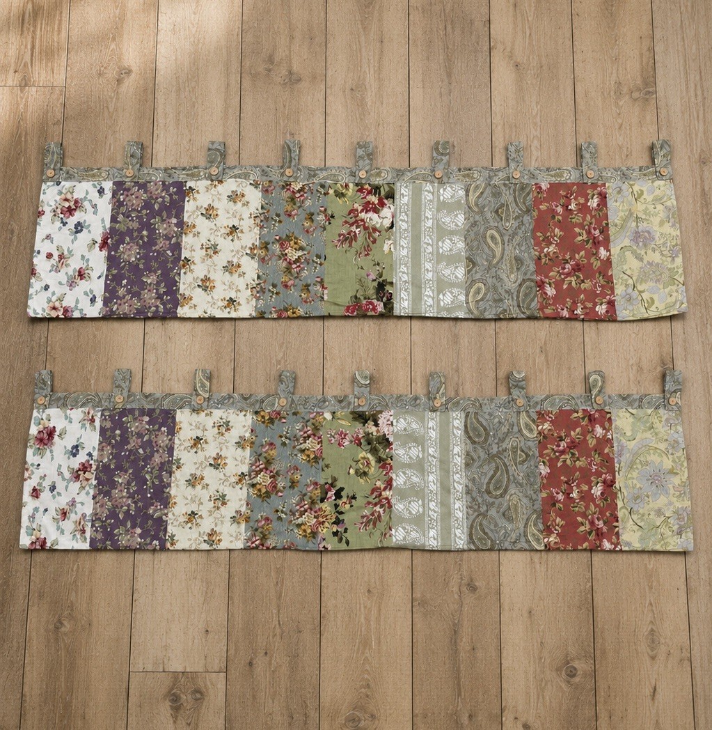 2 Vintage Patchwork Floral Tab Top Valance Pair Cottagecore Farmhouse Country