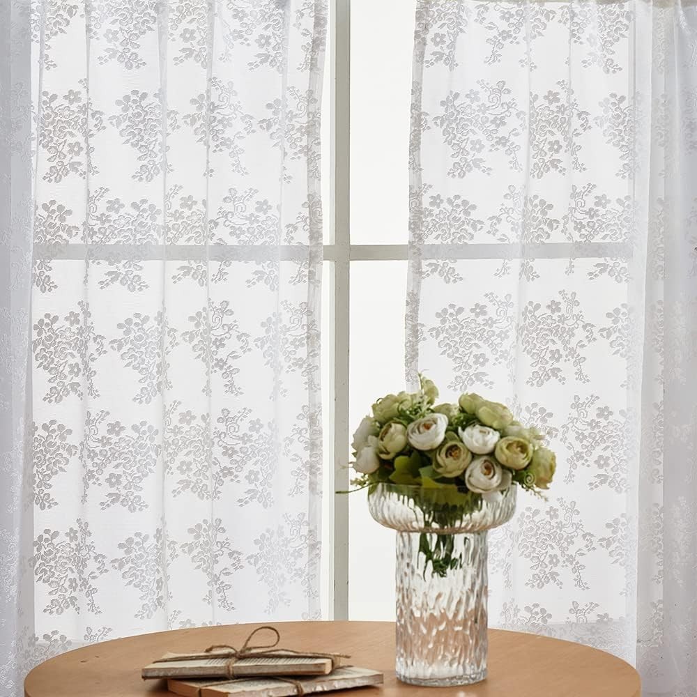 White Lace Curtains 36 inch Length Country Cafe Curtains 26″x 36″ Bright White