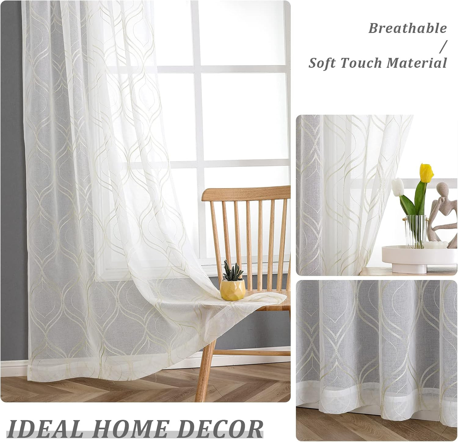 White Sheer Curtains 108in Long, Beige Moroccan Embroidered 2 Panels