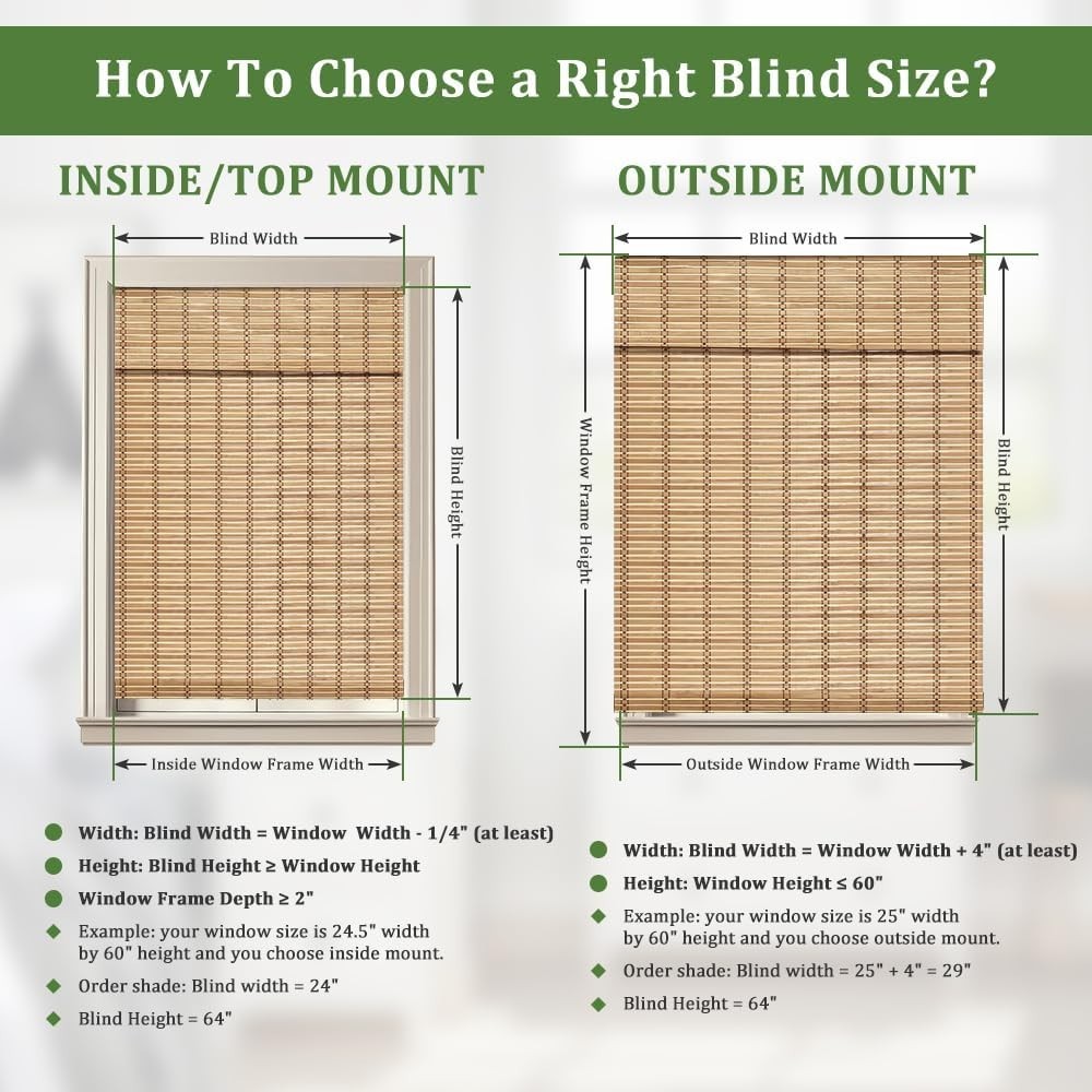 SEEYE Cordless Bamboo Blinds Light Filtering Roller Shades Natural 24″ W x 64″H