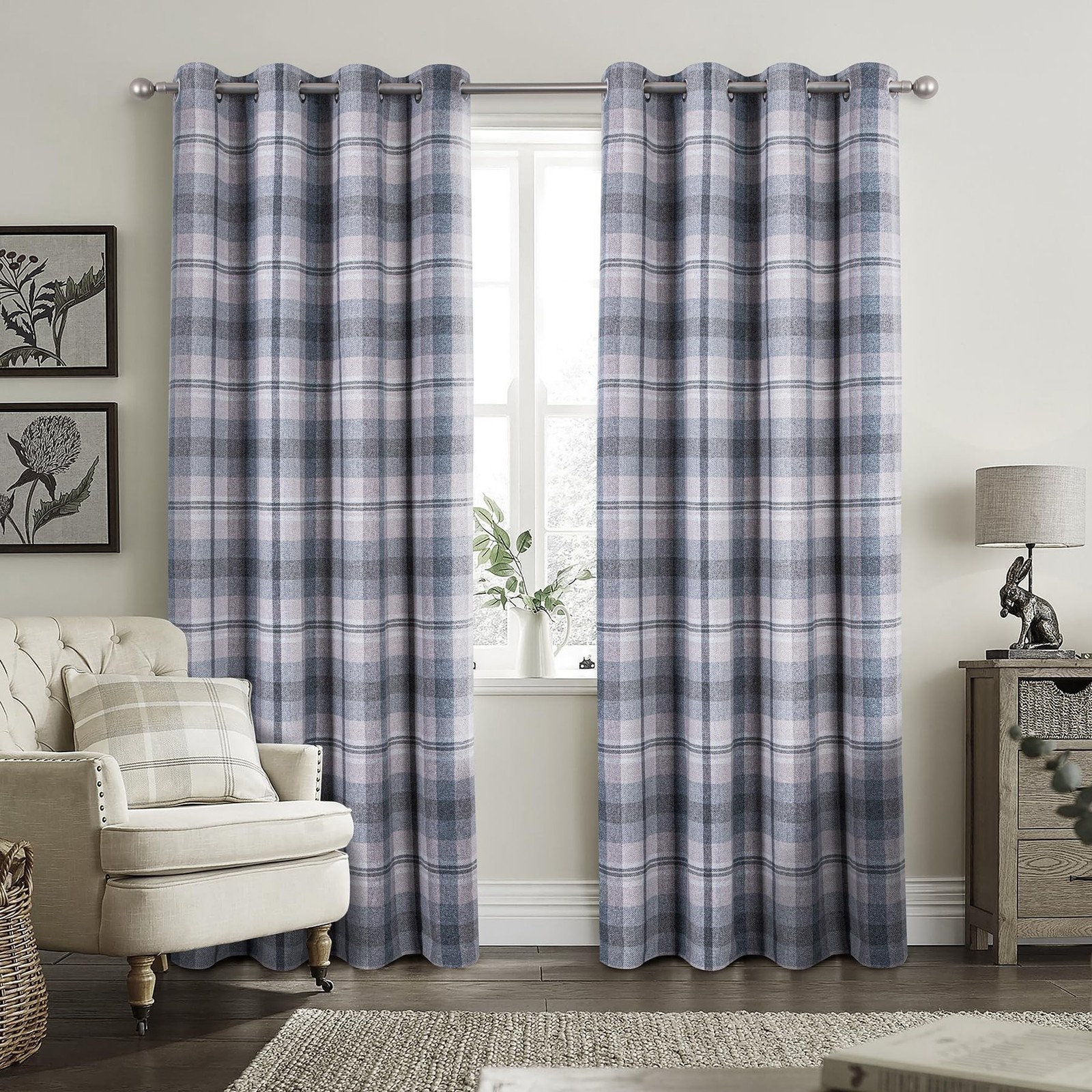 always4u Woolen Check Curtains 100% Blackout Highland Tartan Curtain Living