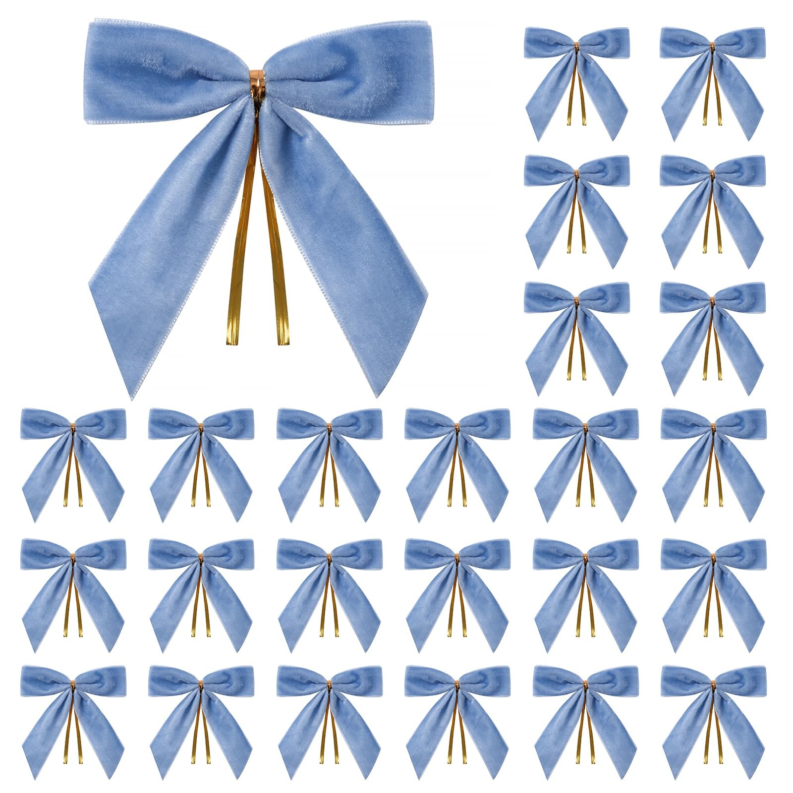 24 Pcs Light Blue Small Velvet Christmas Twist Tie Bows 3.5×3.5 In
