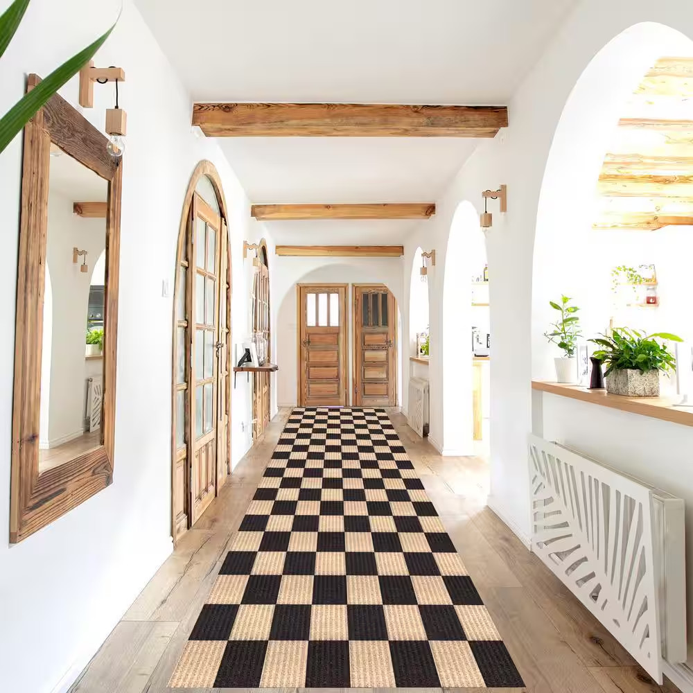 Heavey Duty Checkered Black and Beige 31 In. W X 26 Ft. L Indoor/Outdoor Runner