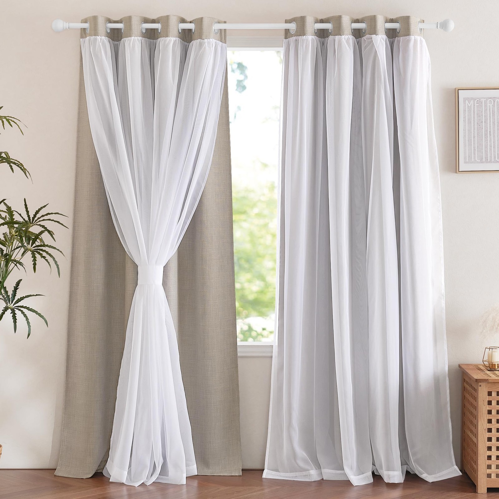 Nicetown Dual Layers Grommet Top Mix And Match Faux Linen Curtains White Sheer