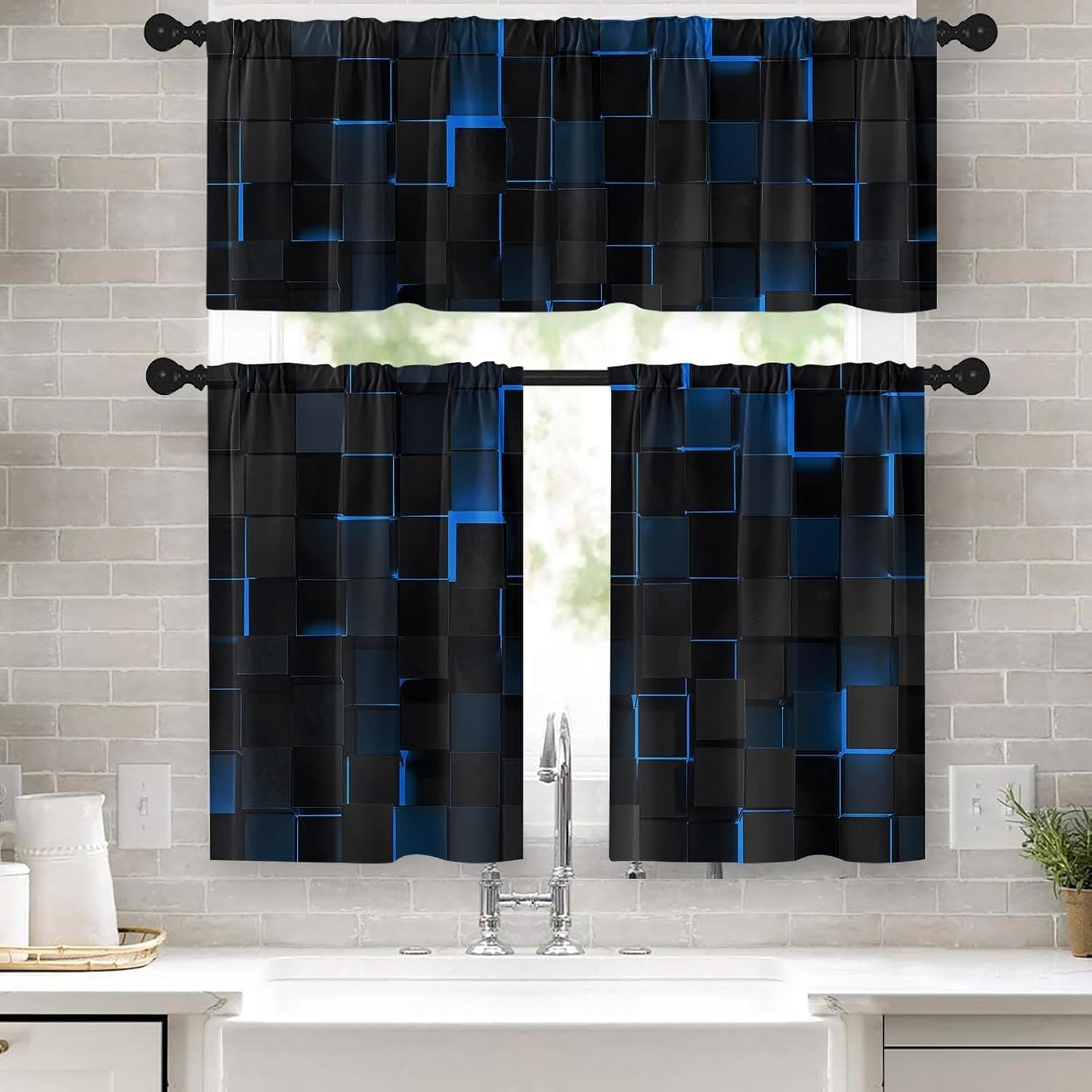 Black White Gray Kitchen Window Curtains Valance and Tier Set 36 Inch, Dark Grey