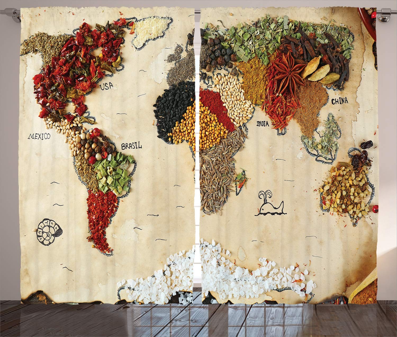 Ambesonne World Map Curtains, Different Spices Design Food Bohemian 108′ X 90′