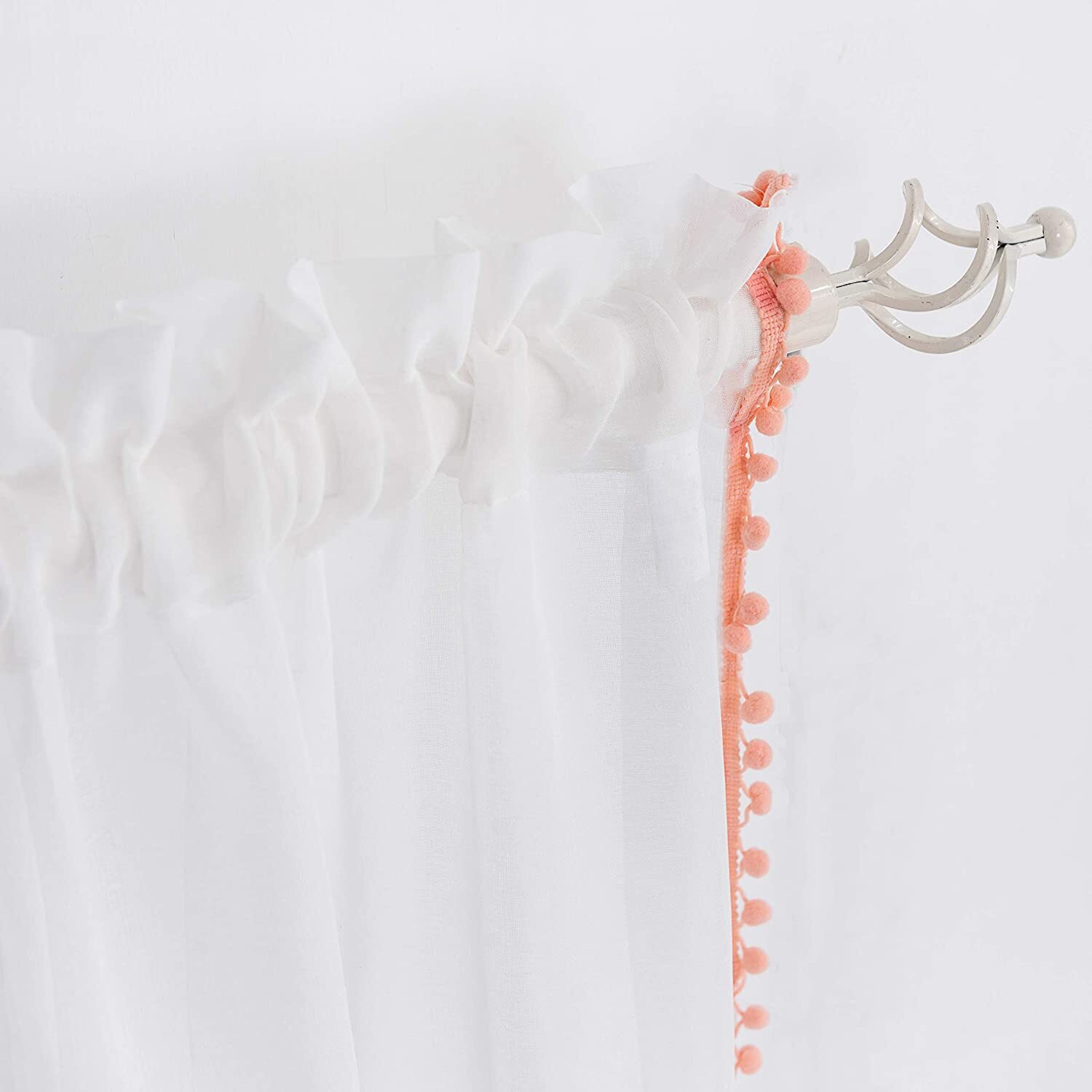 Set 2 Sheer White Pink Pom Pom Trim Curtains Panels Drapes 63 72 84 95 108 in L