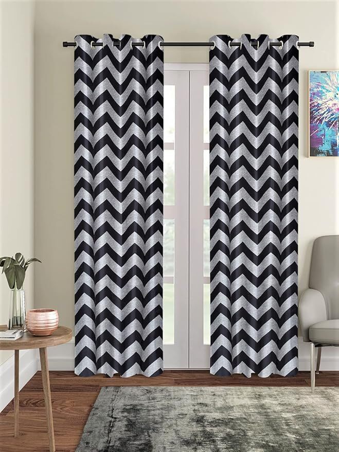2 Pieces Black Zigzag Eyelet Polyester Door Curtains 5 7 9 Feet