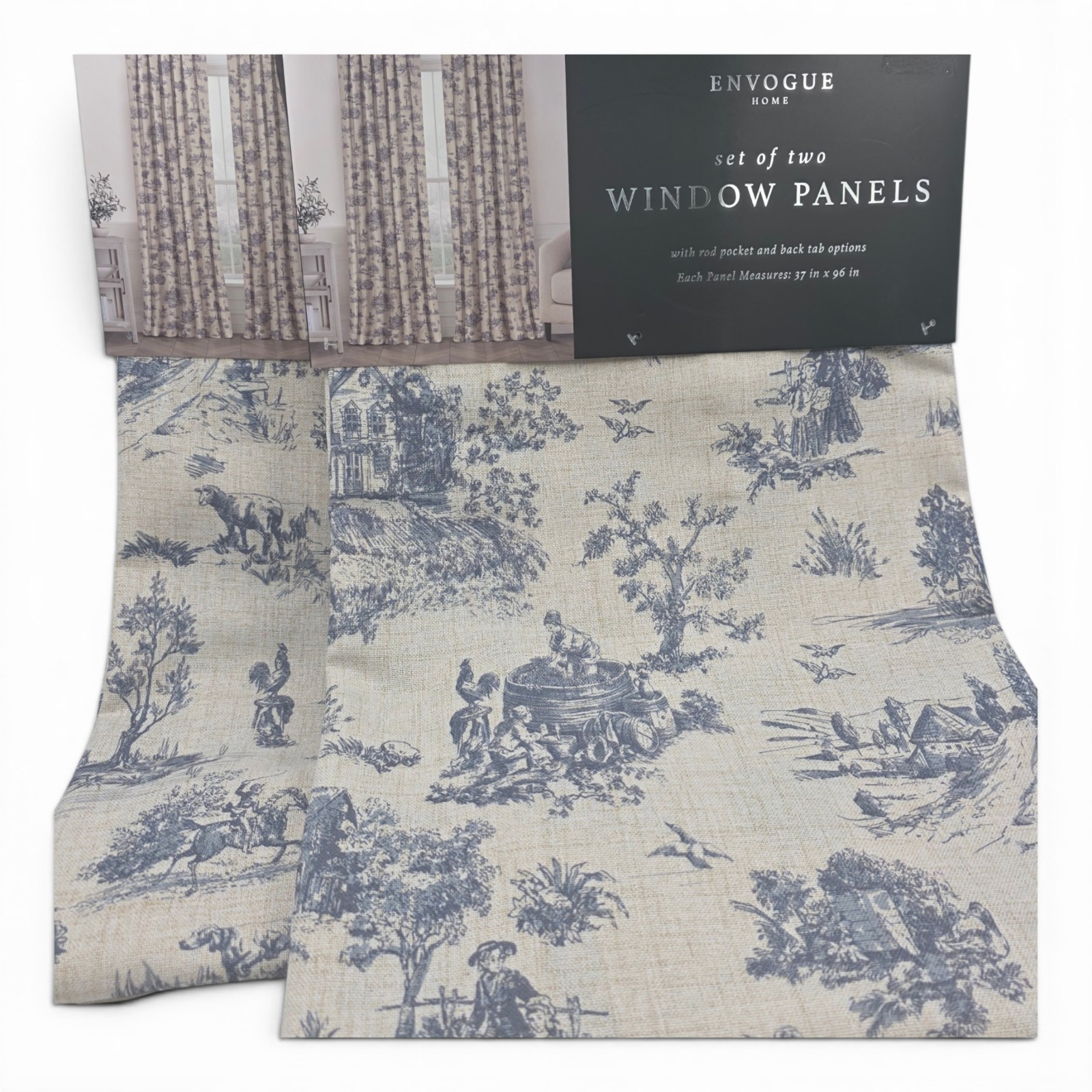 Envogue Home Set of 4 French Toile Curtains 37×96 Blue Linen Look NEW