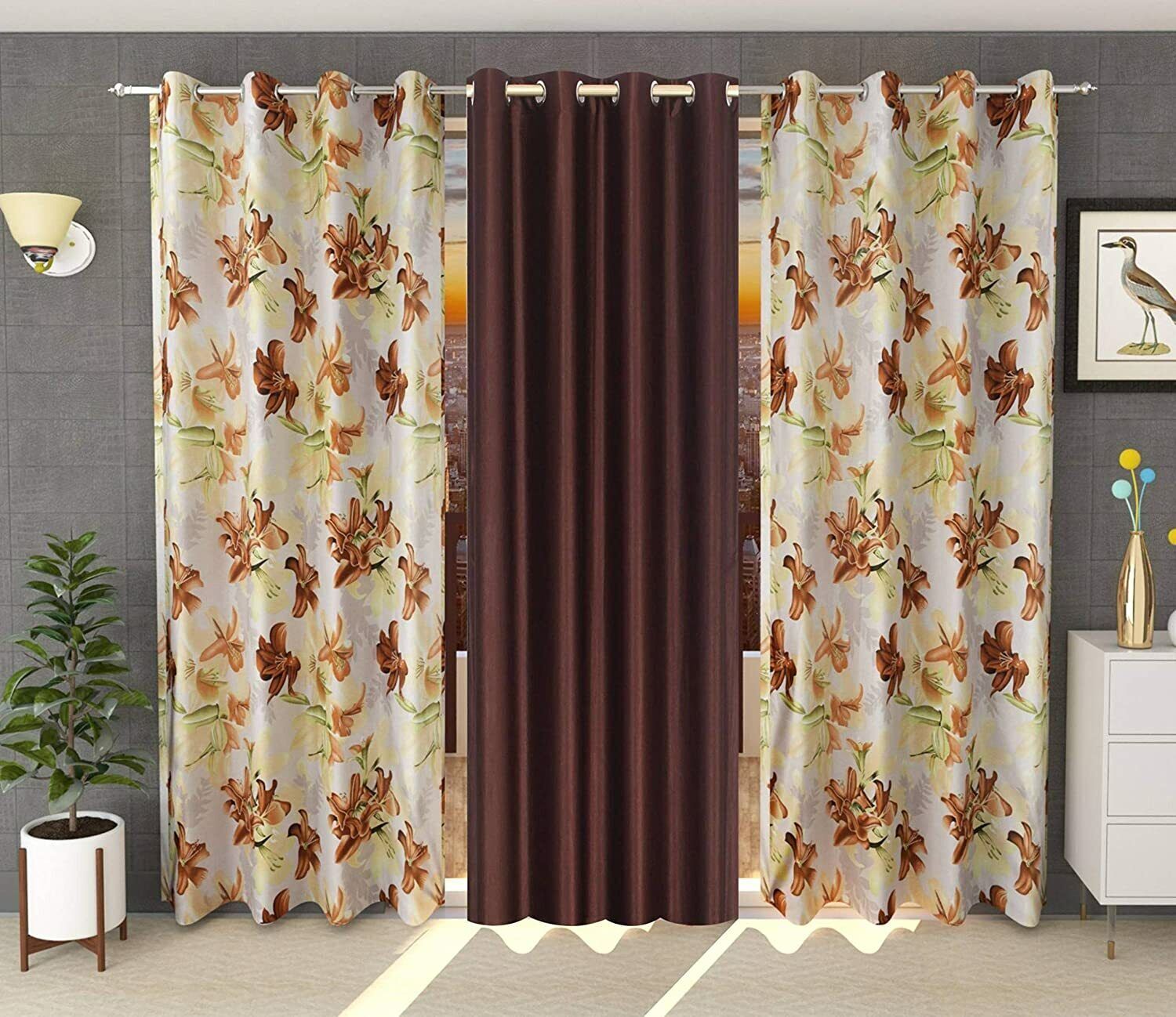 3 Piece Brown Floral Printed Eyelet Ringtop Door Window Curtains Set 5 7 9 Feet