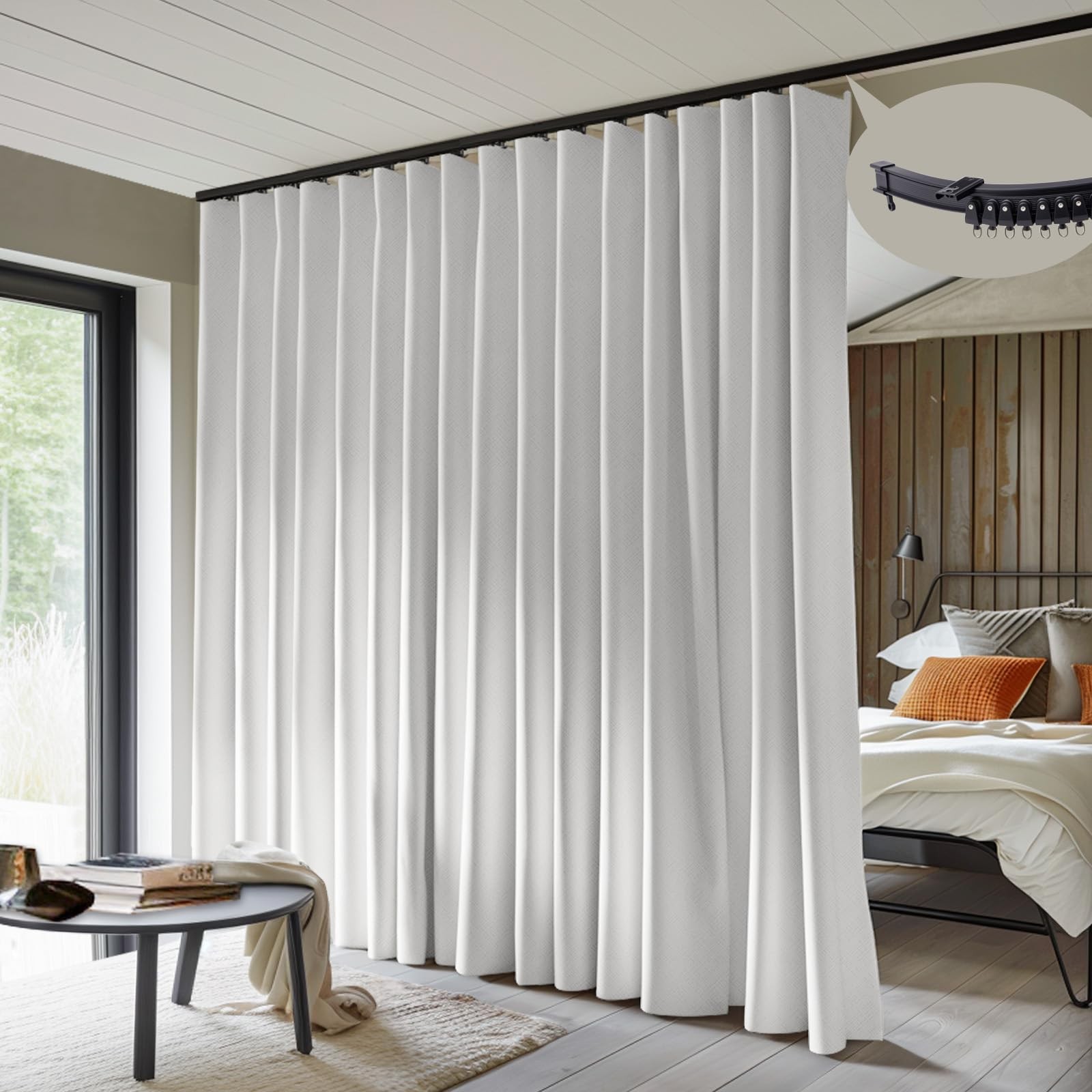 MaKefeile Room Divider Curtains White Drape & Black Rail 100% Blackout 15 × 8 FT