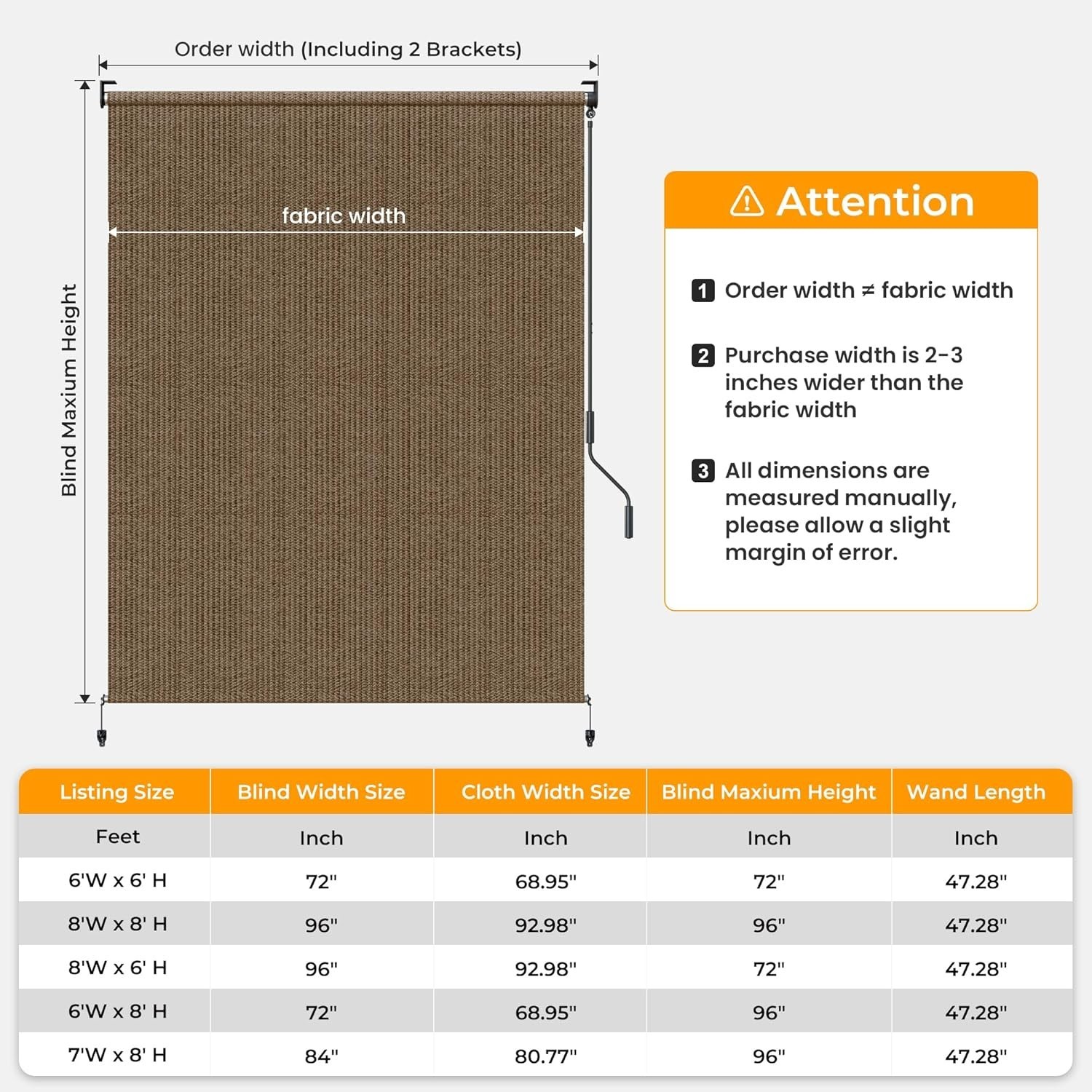 Cordless Mocha Outdoor Roller Shades, 72″ x 72″ – UV Protection & Waterproof