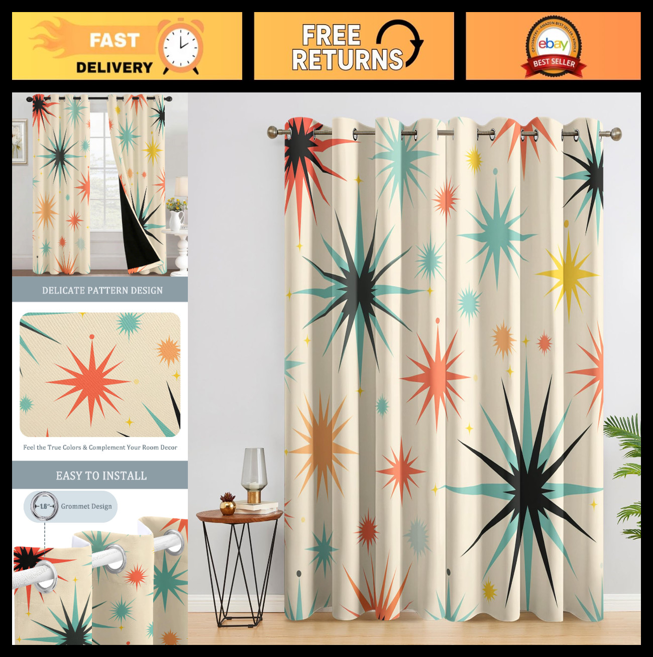 Mid Century Modern Blackout Curtains – 84″ Retro Abstract Drapes, 2 Panels Set