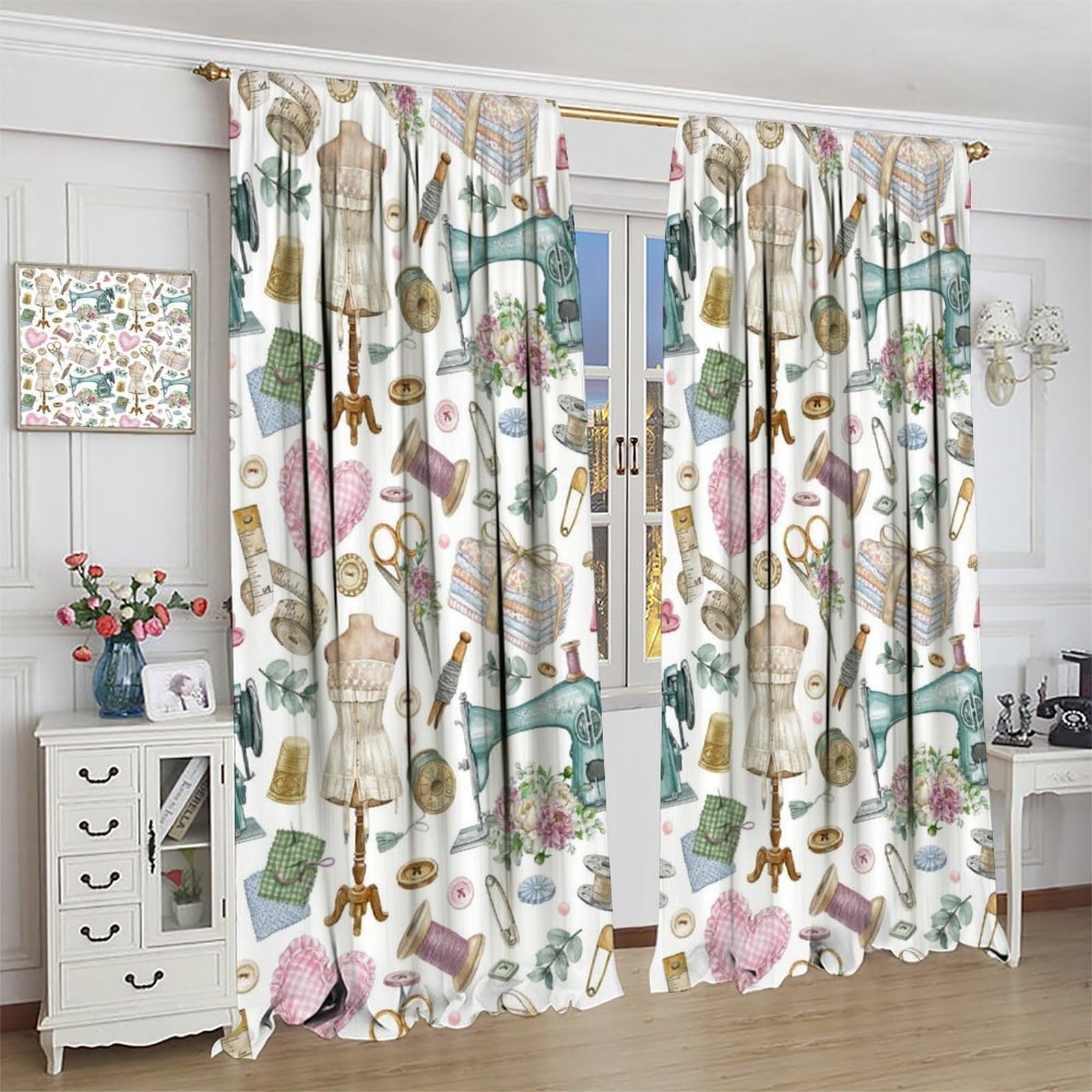 Sewing Theme Window Curtain,Vintage Sewing Machine Tool Pattern Print Curtain…